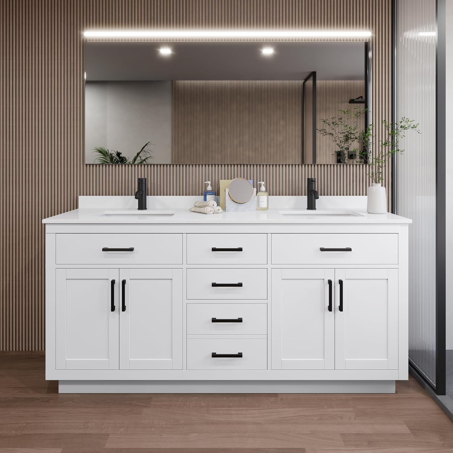 Wyndham Collection Beckett 72 Inch Double Bathroom Vanity with Toe Kick in White, White Quartz Countertop, Undermount Square Sinks (1-Hole), Matte Black Trim