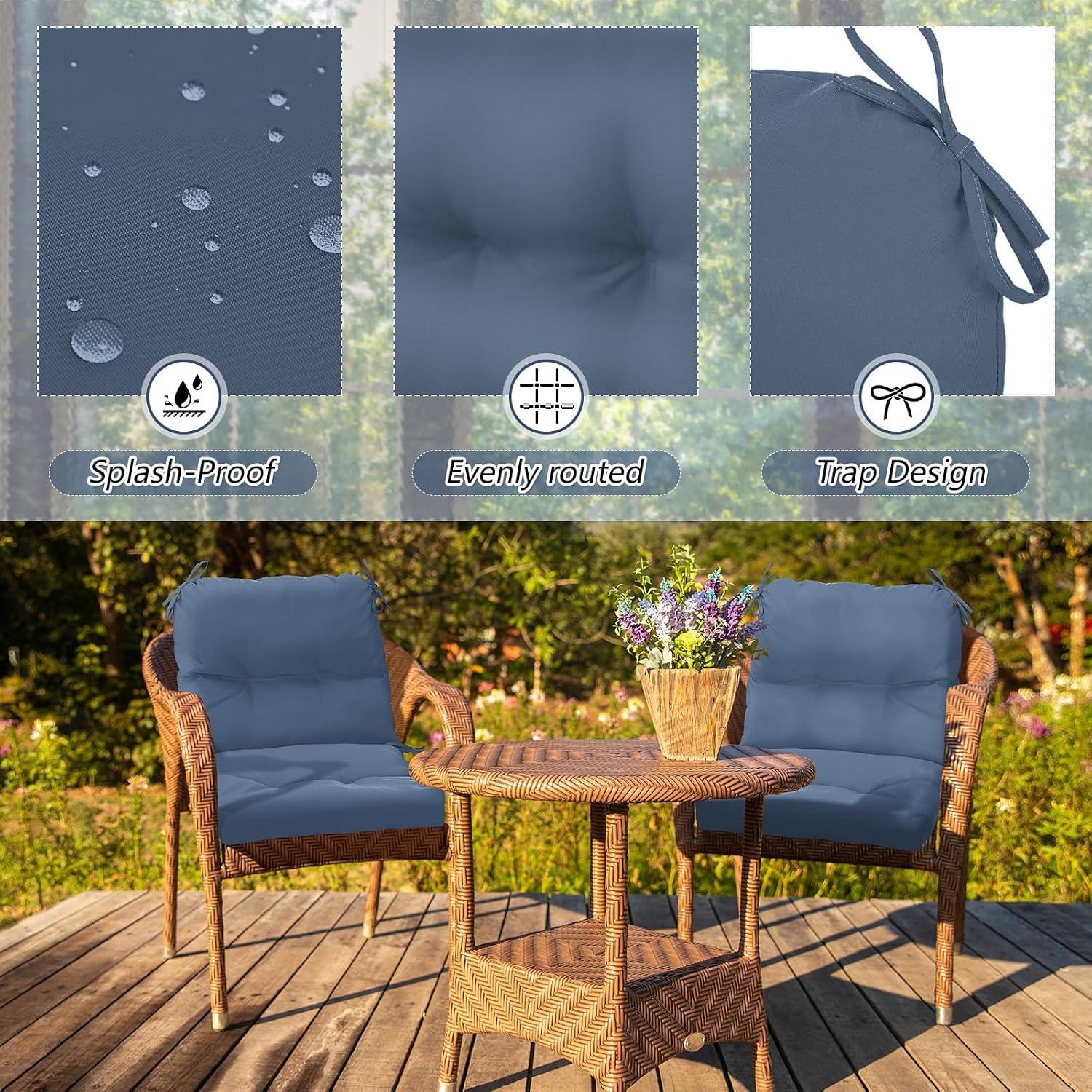 Geetery Outdoor Chair Cushions Set of 4 High Back Patio Furniture Replacement Seat Pads with Ties 42x21x4' for Lawn Porch Wicker Rocking Dining Chairs Weather Resistant Fade Resistant(Blue Gray)