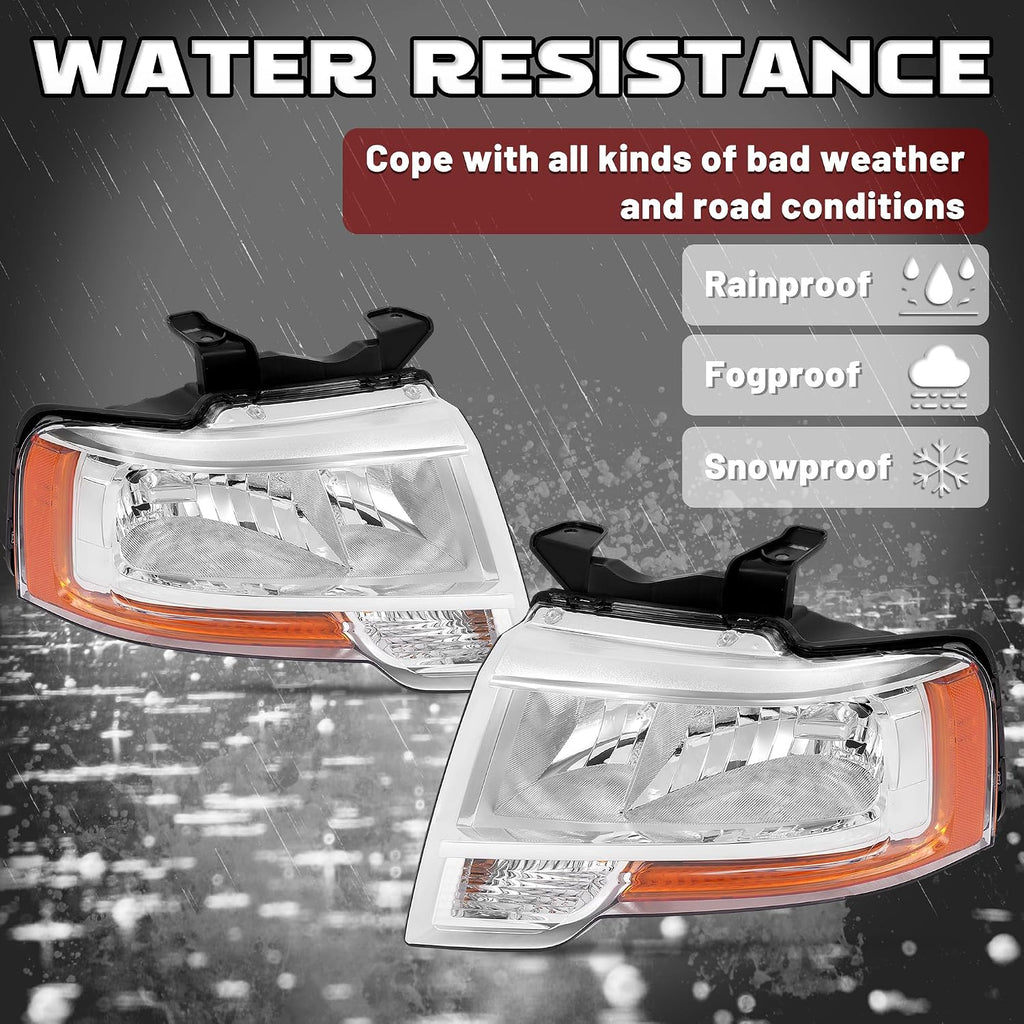 HECASA Pair Headlight Assembly w/LED Indicator Compatible with 2015 2016 2017 Ford Expedition Headlamp w/Bulbs Driver & Passenger Side Clear Lens Chrome Housing Replacement for FO2503346 FO2502346
