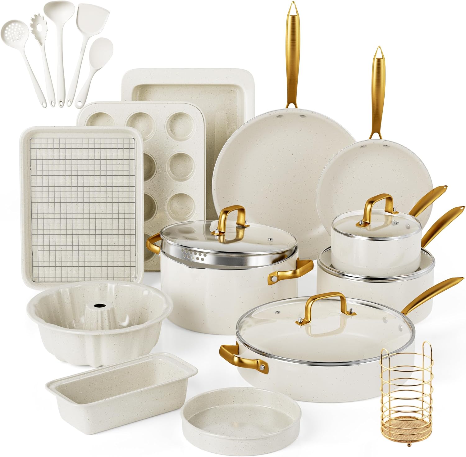 Pots and Pans Set Nonstick - Granite Cookware + Bakeware Set Kitchen Cookware Sets With Dutch Oven, Frying Pans, Saucepan, Sauté Pan, Silicone Utensils, Cookie Sheet, Baking Pan Set for Cooking Gifts