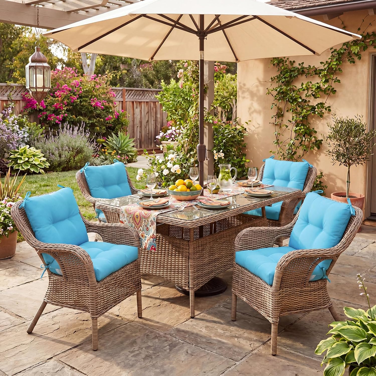Geetery Outdoor Chair Cushions Set of 4 High Back Patio Furniture Replacement Seat Pads with Ties 42x21x4' for Lawn Porch Wicker Rocking Dining Chairs Weather Resistant Fade Resistant (Lake Blue)