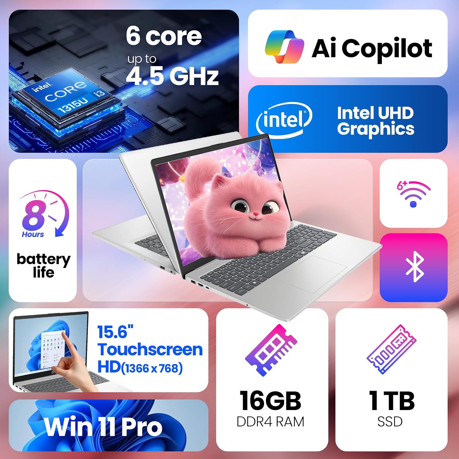 HP 2025 Touchscreen Laptop Computer for Student & Business,16GB RAM 1TB SSD Windows 11 Pro, 13th Gen Intel Core i3-1315U (Up to 4.5GHz), 15.6' LED, AI Copilot, Type-c with Patented KB Kit