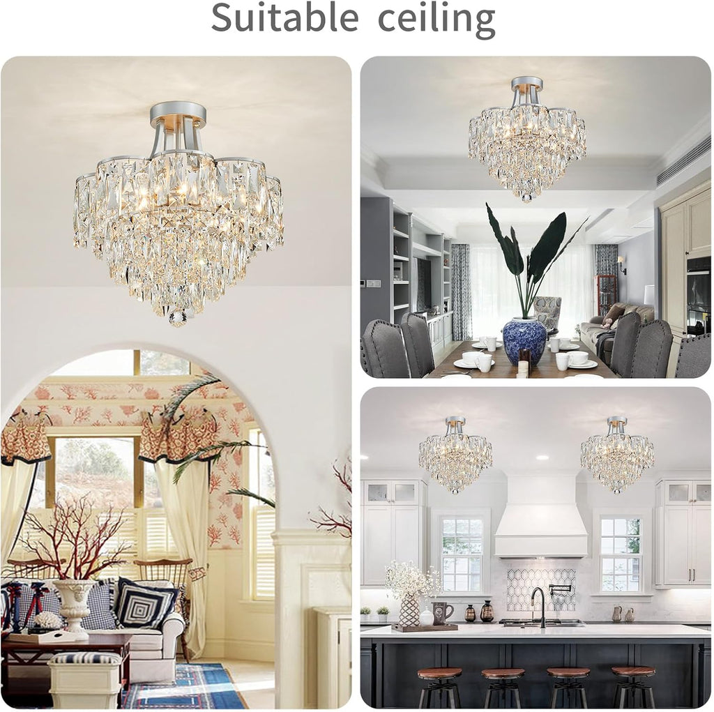 WUZUPS Crystal Chandelier Semi-Flushmount Ceiling Light Modern Lighting Fixture for Bedroom Hallway Entry Kitchen Bathroom, H 19.3' x W 18.3', E12 Base, Silver