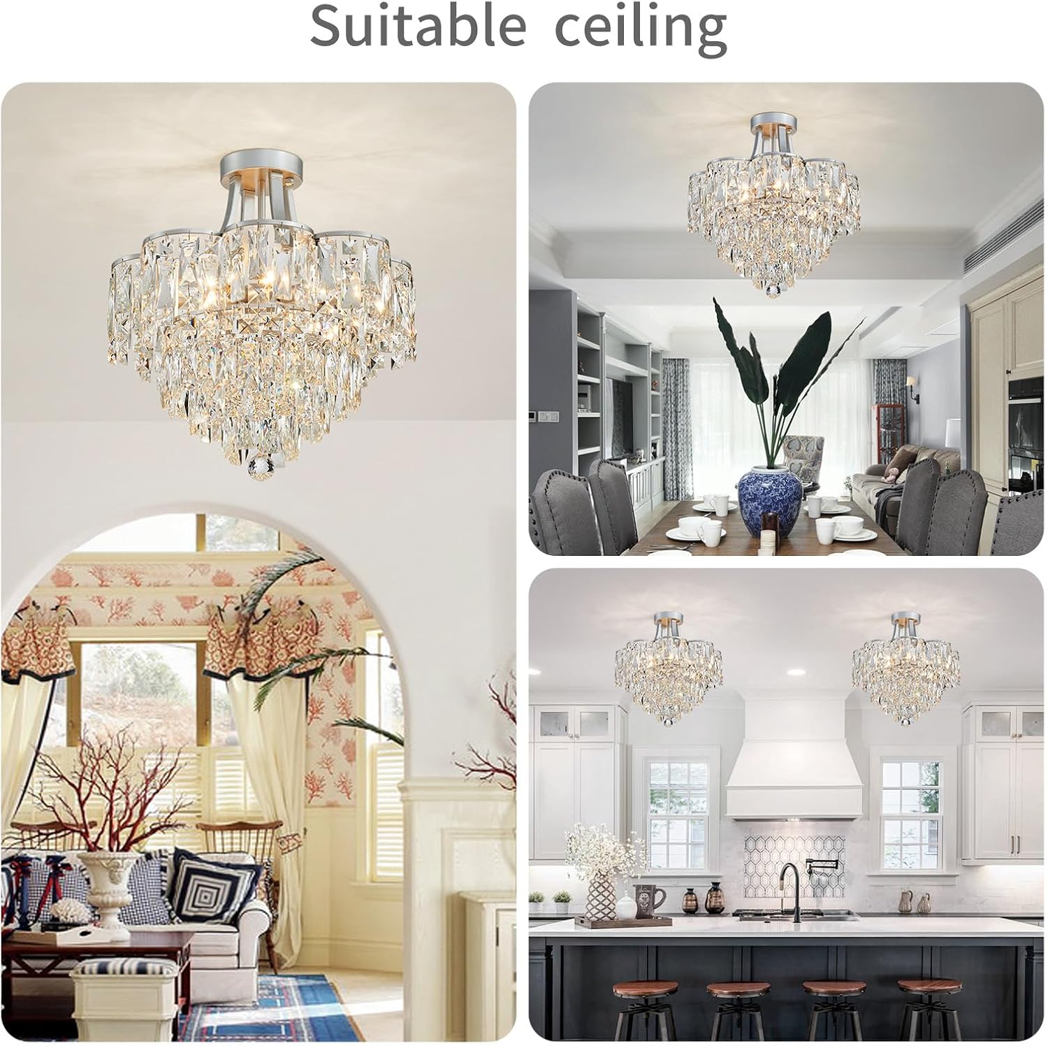 WUZUPS Crystal Chandelier Semi-Flushmount Ceiling Light Modern Lighting Fixture for Bedroom Hallway Entry Kitchen Bathroom, H 19.3' x W 18.3', E12 Base, Silver