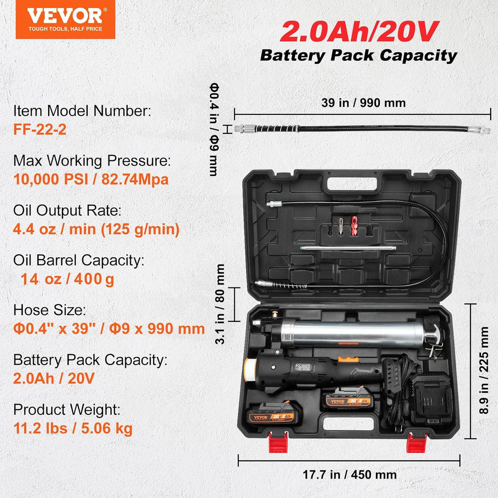 VEVOR Cordless Grease Gun, 20-Volt, 10,000 PSI, 39' Long Hose, Electric Grease Gun Kit Professional High Pressure Battery Powered Grease Gun with Carrying Case, Two Batteries & Charger Included, Black