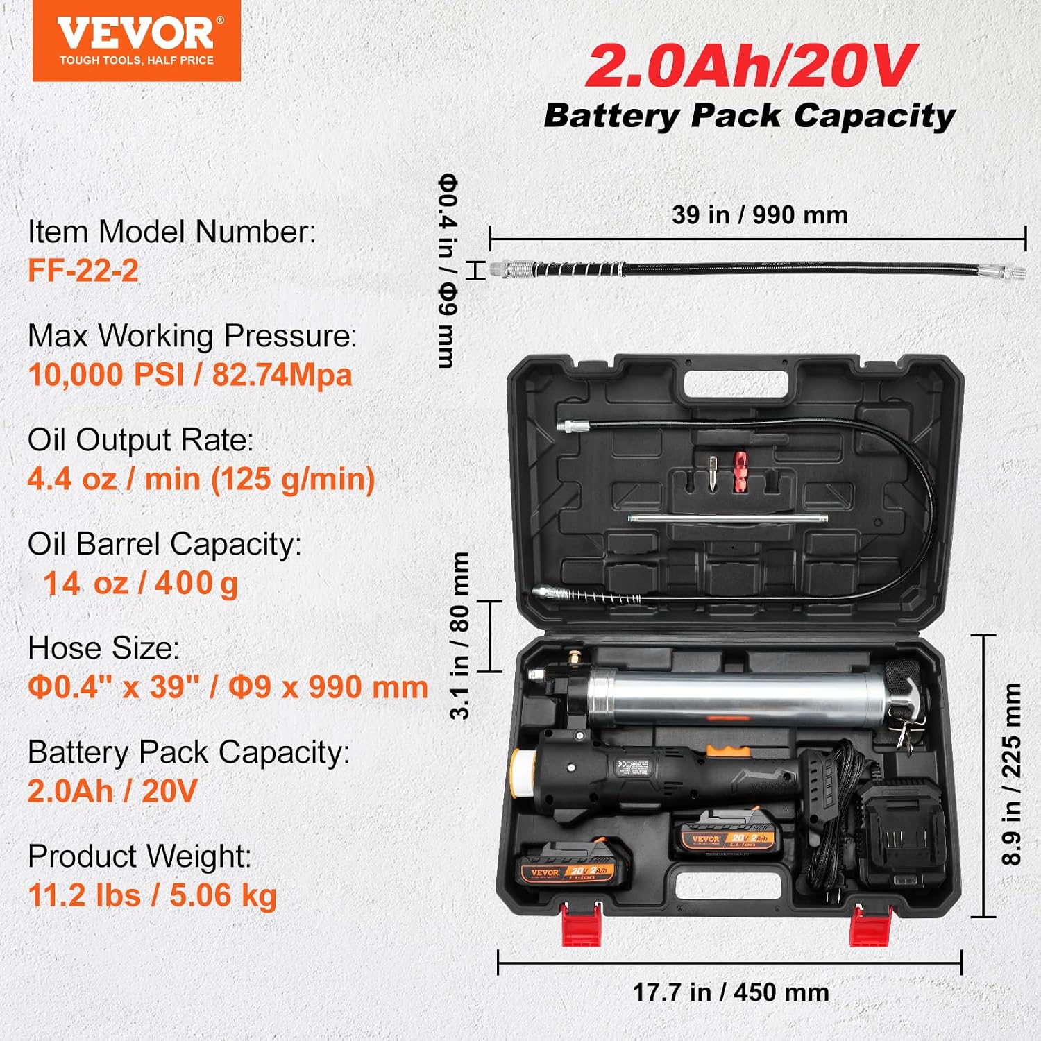 VEVOR Cordless Grease Gun, 20-Volt, 10,000 PSI, 39' Long Hose, Electric Grease Gun Kit Professional High Pressure Battery Powered Grease Gun with Carrying Case, Two Batteries & Charger Included, Black