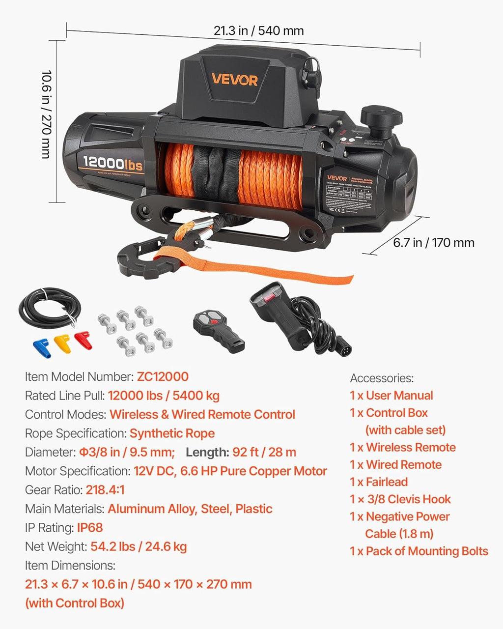 VEVOR Electric Winch, 12000 lbs Load Capacity, 12V DC Truck Winch with Φ3/8 in x 92 ft Synthetic Rope, Wireless & Wired Remote Control, IP68 Waterproof for Towing Off-Road SUV Jeep Trailer Boat