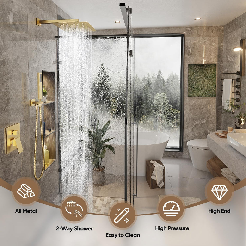 Gabrylly Shower System Gold, High Pressure 12' Rainfall Shower heads with Handheld Spray Combo, Modern Bathroom Shower Fixtures, Complete Shower Faucet Set with Valve and Diverter, Brushed Gold