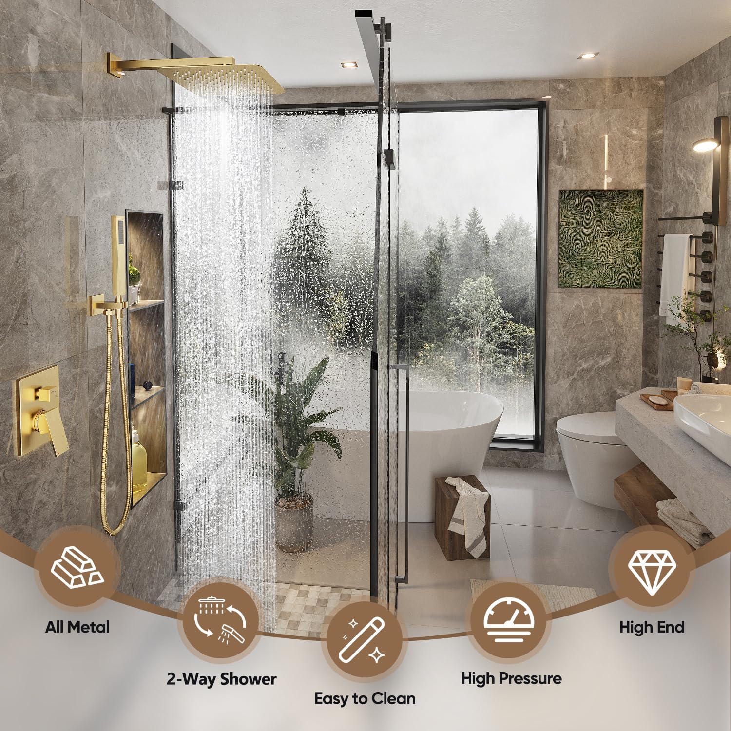 Gabrylly Shower System Gold, High Pressure 12' Rainfall Shower heads with Handheld Spray Combo, Modern Bathroom Shower Fixtures, Complete Shower Faucet Set with Valve and Diverter, Brushed Gold