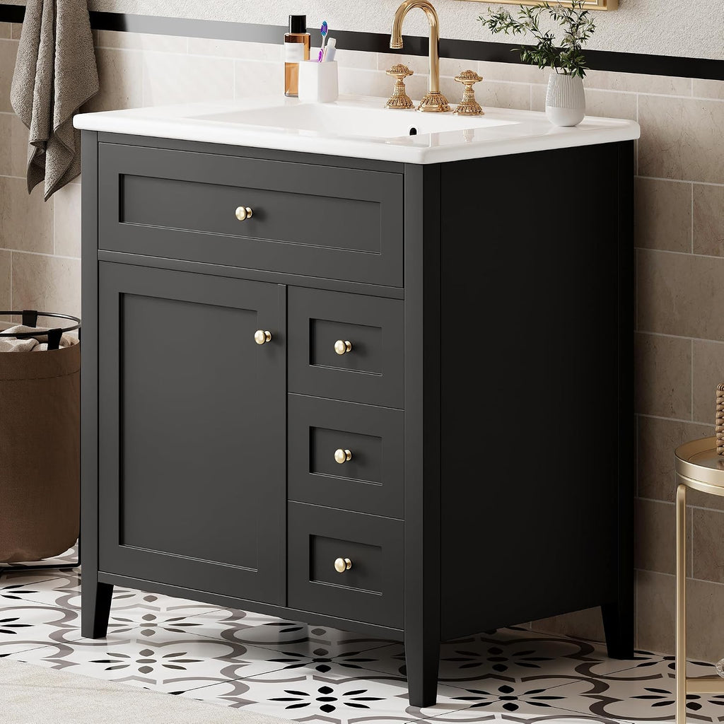 30-inch Bathroom Vanity with Sink Combo, Free-Standing Single Storage Cabinet with Tilt-Out Drawer, 3 Drawers, Adjustable Shelf & Storage Rack, Vanity with Ceramic Basin for Bathroom (Black)