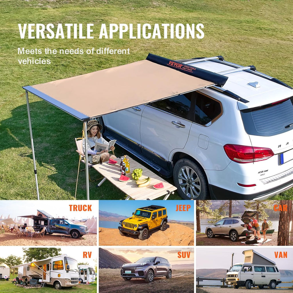 VEVOR Vehicle Awning 4.6'x6.6' Roof Rack Pull-Out Sun Shade UV50+ PU3000mm, Retractable Weatherproof 4x4 Side Awning for SUV Outdoor Camping & Overland (Hardware Included), w/Waterproof Storage Bag
