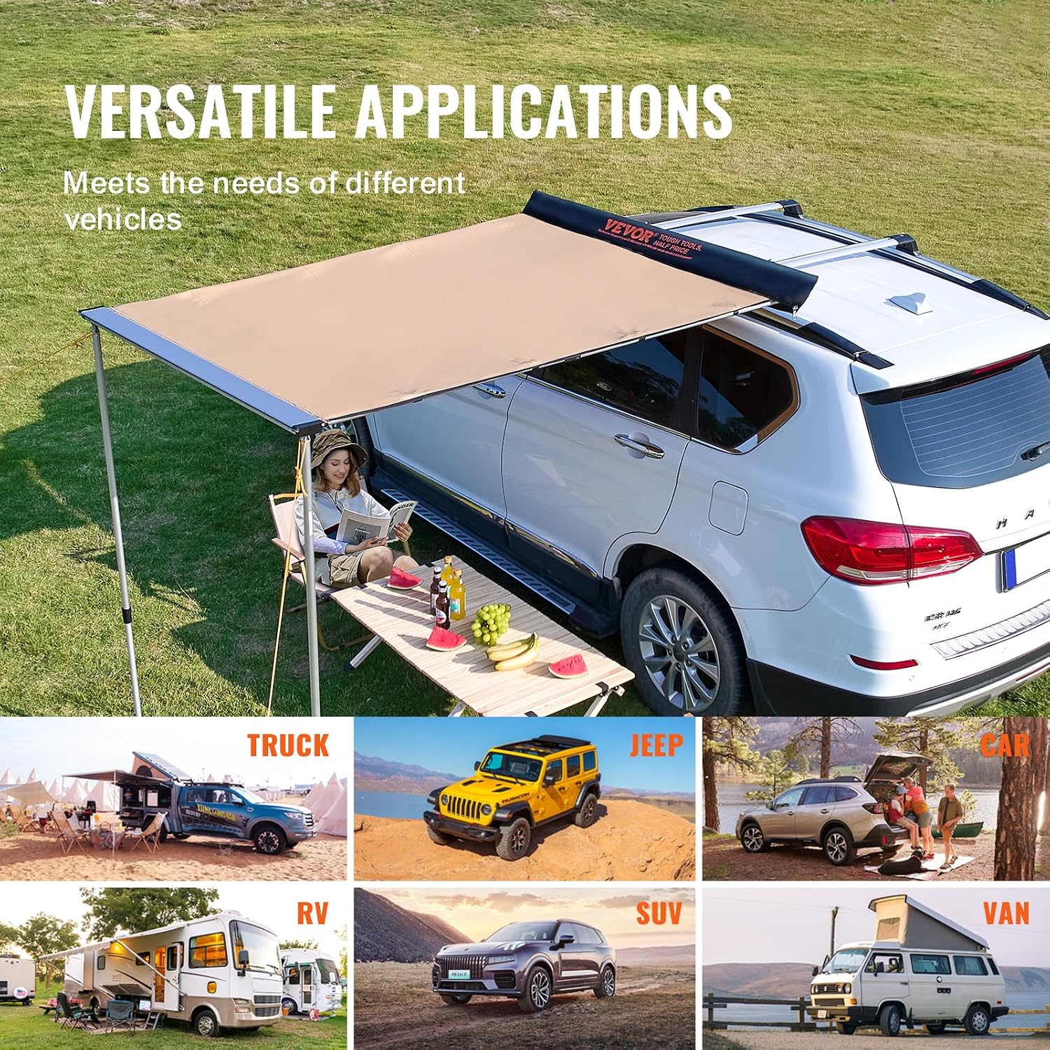 VEVOR Vehicle Awning 4.6'x6.6' Roof Rack Pull-Out Sun Shade UV50+ PU3000mm, Retractable Weatherproof 4x4 Side Awning for SUV Outdoor Camping & Overland (Hardware Included), w/Waterproof Storage Bag