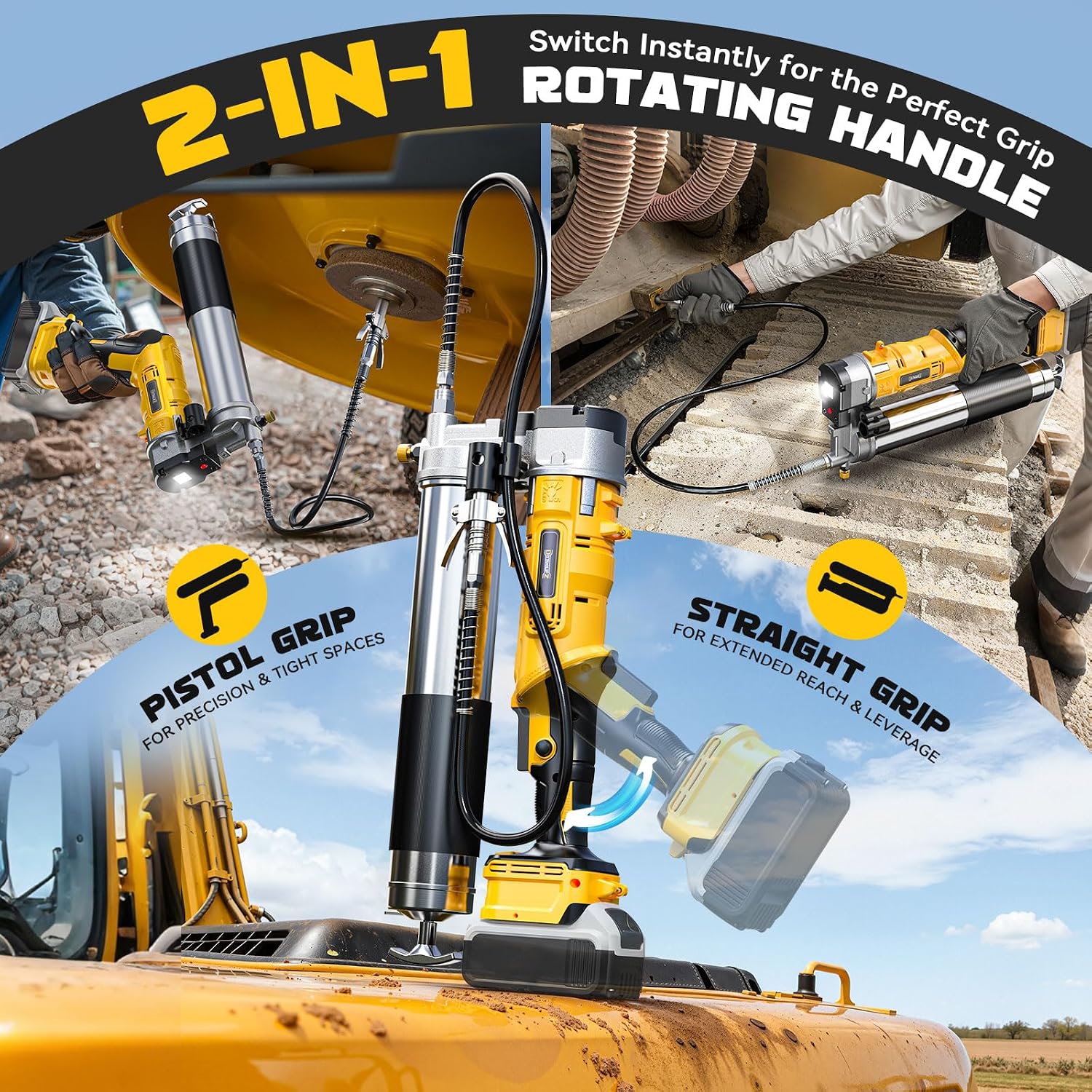 DIYtoolifz Cordless Grease Gun Compatible with DeWalt 20V Battery, 12000PSI High-Pressure with 2-in-1 Rotating Handle, 39.4' Hose & 4 Couplers for Bulk & Cartridge Grease (Tool Only)