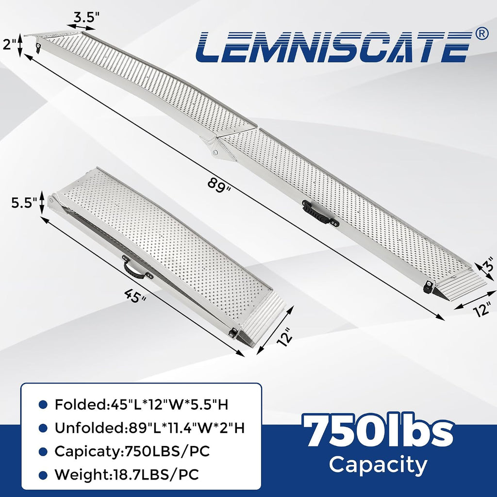 LEMNISCATE Motorcycle Ramps, 89'x12' Portable Loading Ramps for Pickup Trucks 750 LBS Capacity 7.5FT Aluminum Folding Ramps with Handle & Buckle for ATVs, Lawn Mowers, UTVs, Bike, 1PCS, Silver