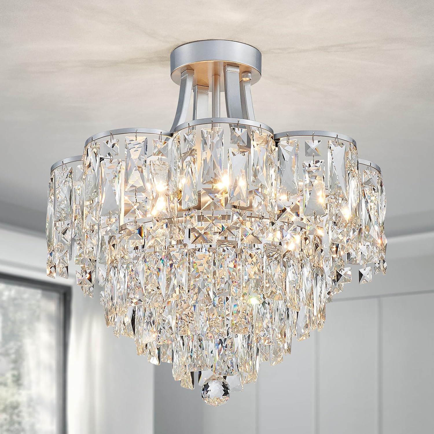 WUZUPS Crystal Chandelier Semi-Flushmount Ceiling Light Modern Lighting Fixture for Bedroom Hallway Entry Kitchen Bathroom, H 19.3' x W 18.3', E12 Base, Silver