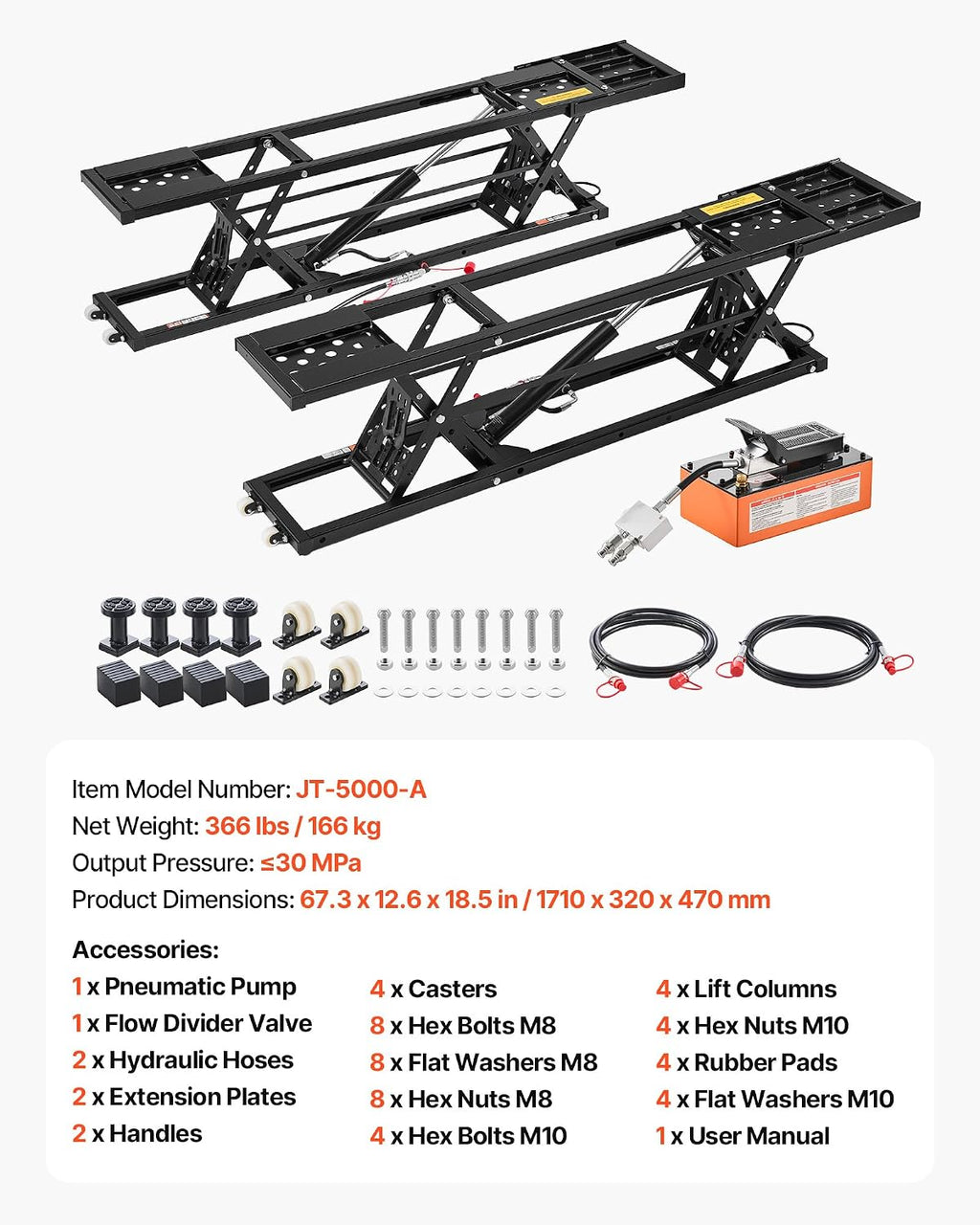 VEVOR Portable Car Lift, 5000 lbs Capacity, Heavy Duty Quick Lift with 25.6' Max Height, Pneumatic Pump, Wheels, 4 Rubber Pads & 4 Lifting Columns for Cars, Compact SUVs, Mini Trucks, Garage or Shop