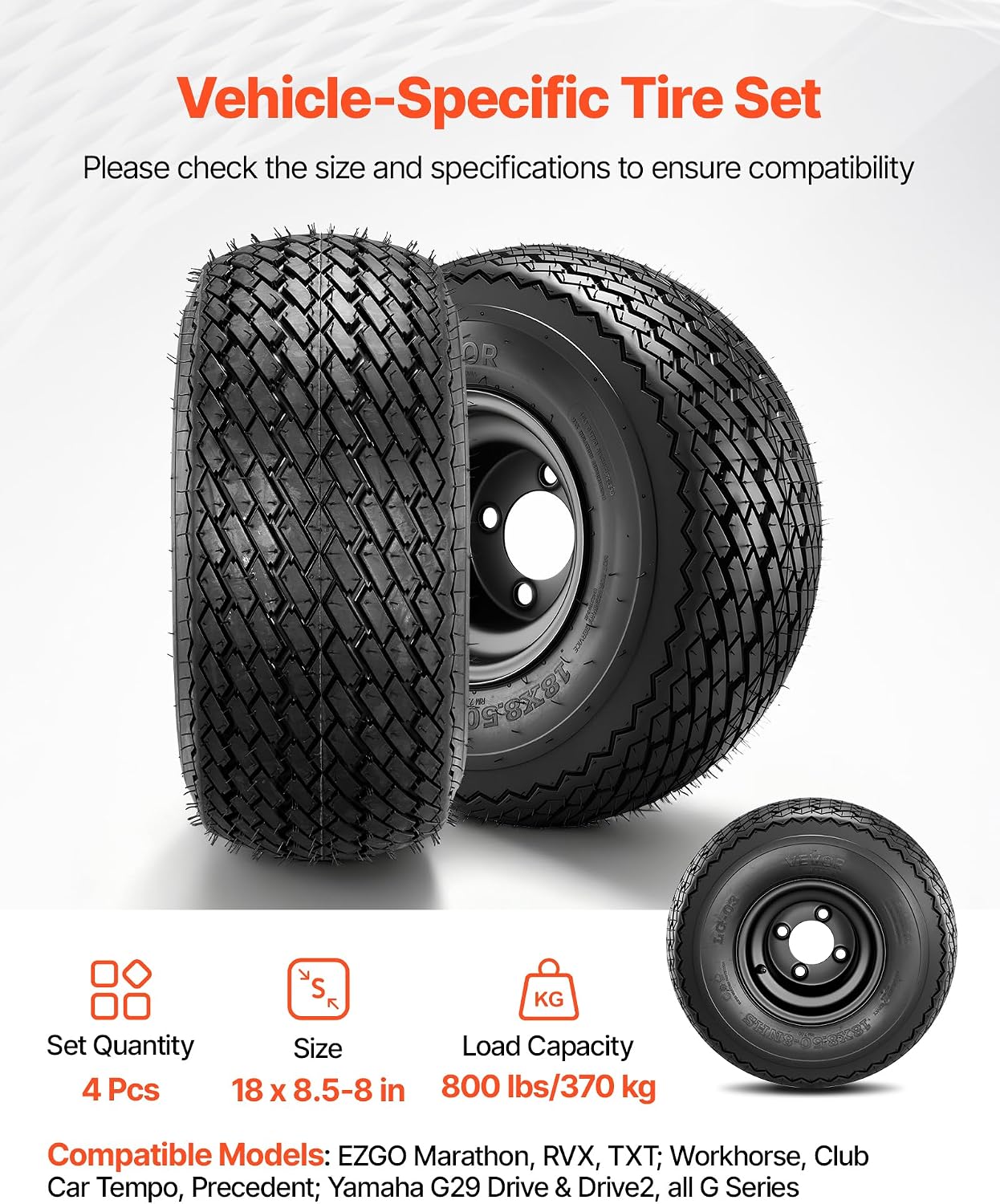 VEVOR Golf Cart Wheels, 8' 18x8.50-8 Black Steel Golf Cart Tires and Wheels Combo (Set of 4) Fit Club Car, EZGO, Yamaha, 4 Ply Rubber 4-Lug Lawn Mower Tires & Rims Assembly, 800 lbs Load, All-Terrain