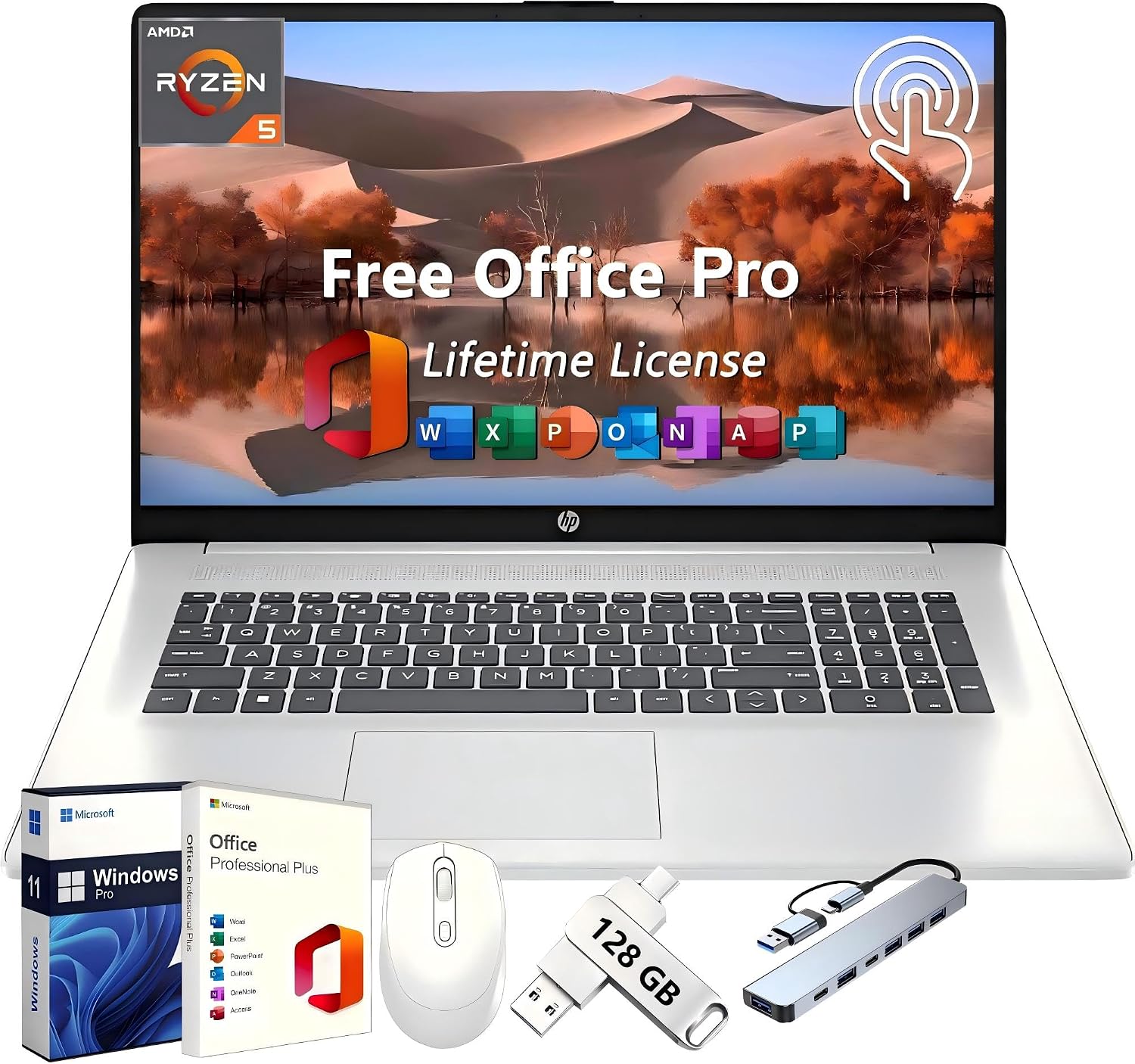 HP 17 Business Laptop, 17.3' HD+ Touchscreen, Office Pro Lifetime License, 32 GB RAM, 1 TB SSD, AMD Ryzen 5 7530U 6-Core CPU, AMD Radeon Graphics, HD Webcam, Wi-Fi 6, Windows 11 Pro, w/Accessories