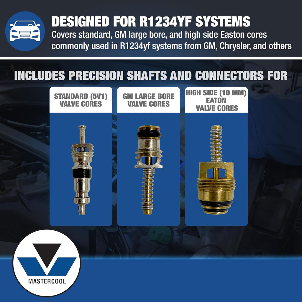Mastercool 58490-YF R1234yf Valve Core Remover/Installer Kit – Services Standard Valve Cores Under Pressure – Includes 17mm & 14mm R1234yf Fittings and Storage Case