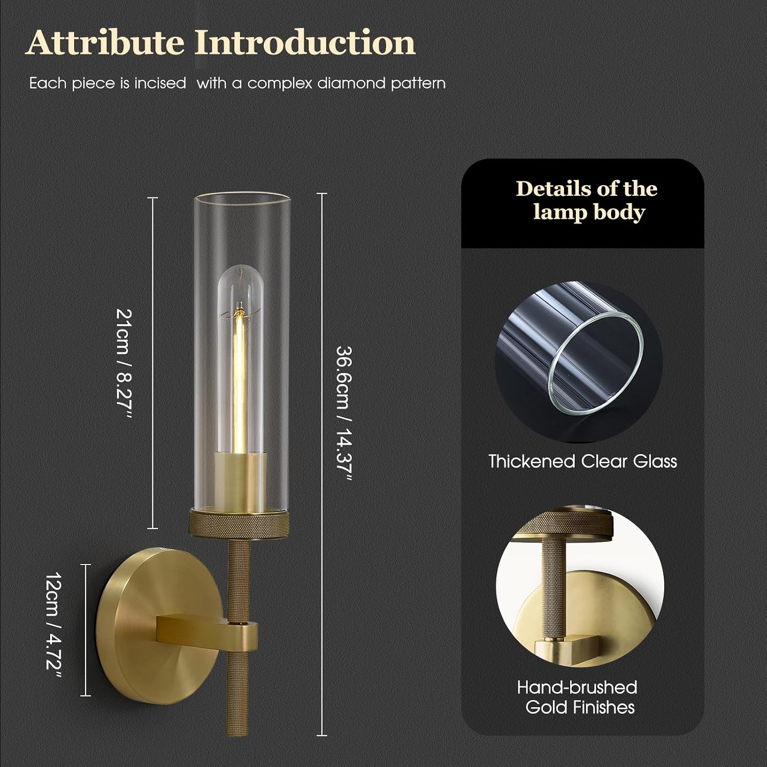 Knurled Wall Sconces Set of Two, Brass Wall Sconce Lights, 14' Gold Bathroom Wall Sconces, Glass Linear Sconce Wall Lighting, Vanity Lights Bathroom Light Fixture Wall Lights for Living Room