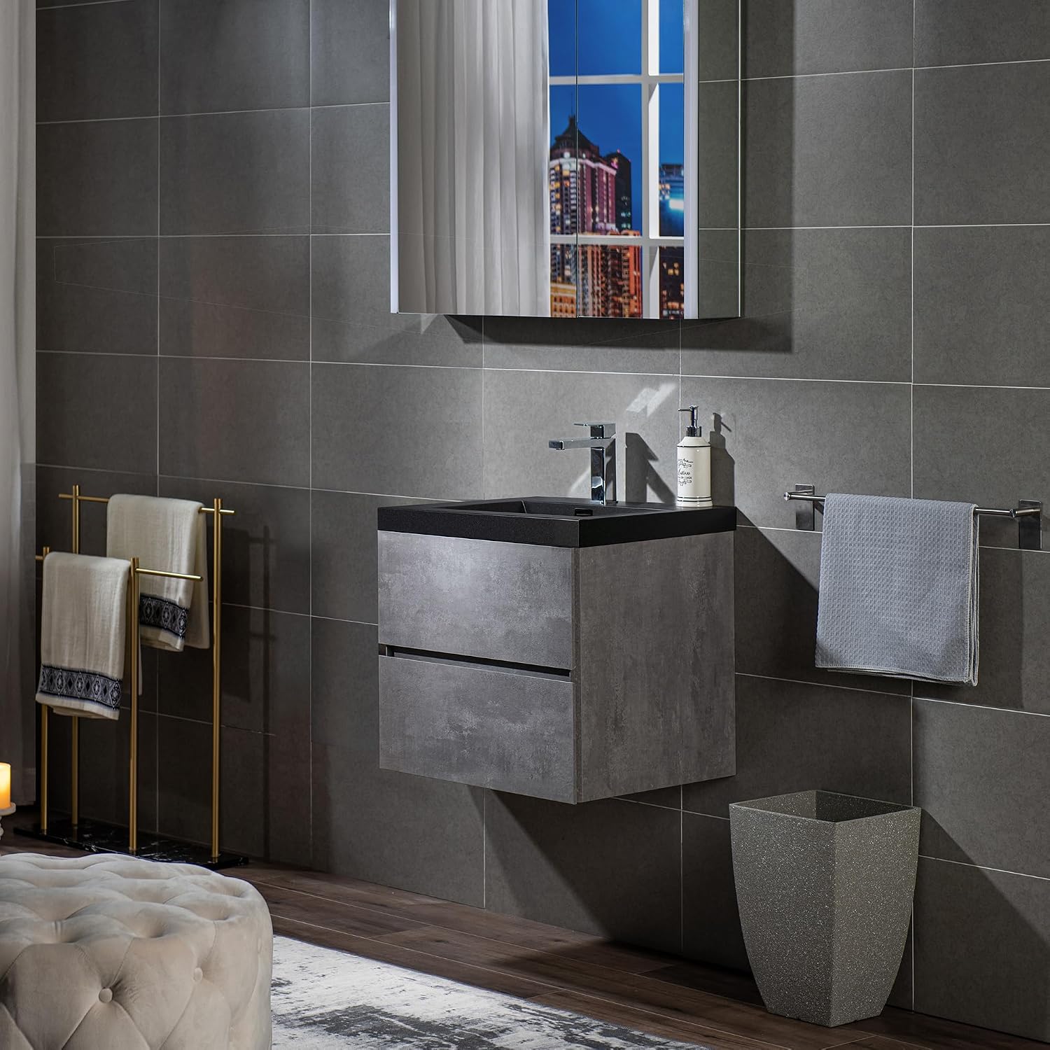 WOODBRIDGE 24 in. W x 19 in. D Wall Mounted Floating Bathroom Vanity in Gray with Quartz Sand Composite Vanity Top in Matte Black