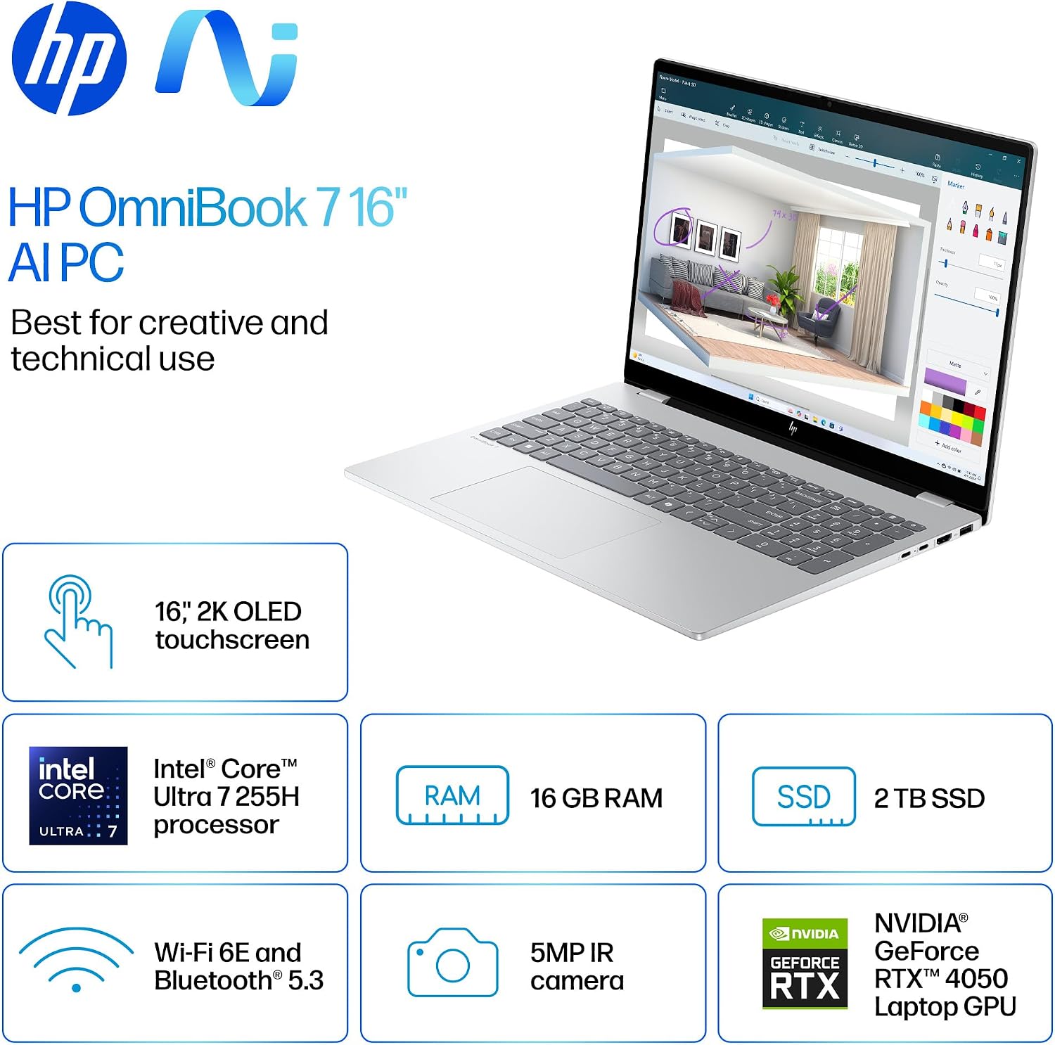 HP OmniBook 7 16 inch AI PC, 2K Touchscreen, Intel Core Ultra 7 255H, 16 GB RAM, 2 TB SSD, NVIDIA GeForce RTX 4050 Laptop GPU, Windows 11 Home, Glacier Silver, 16-ay0500nr