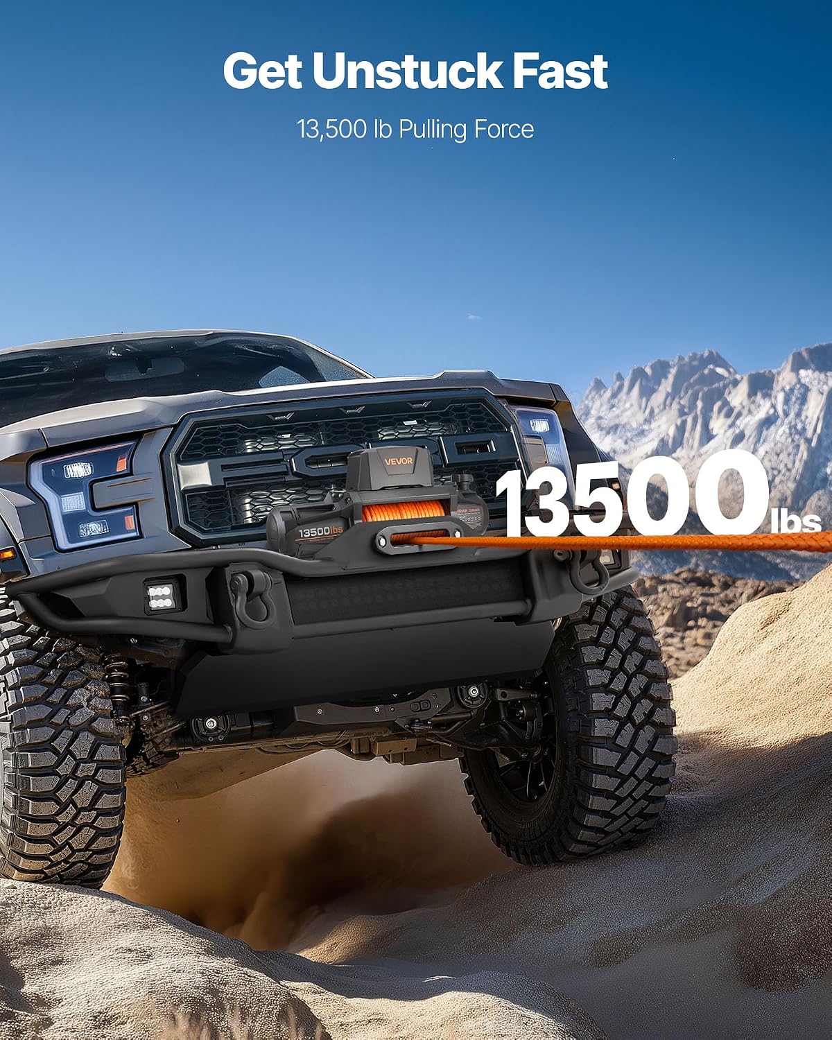 VEVOR Electric Winch, 13500 lbs Load Capacity, 12V DC Truck Winch with Φ3/8 in x 92 ft Synthetic Rope, Wireless & Wired Remote Control, IP68 Waterproof for Towing Off-Road SUV Jeep Trailer Boat