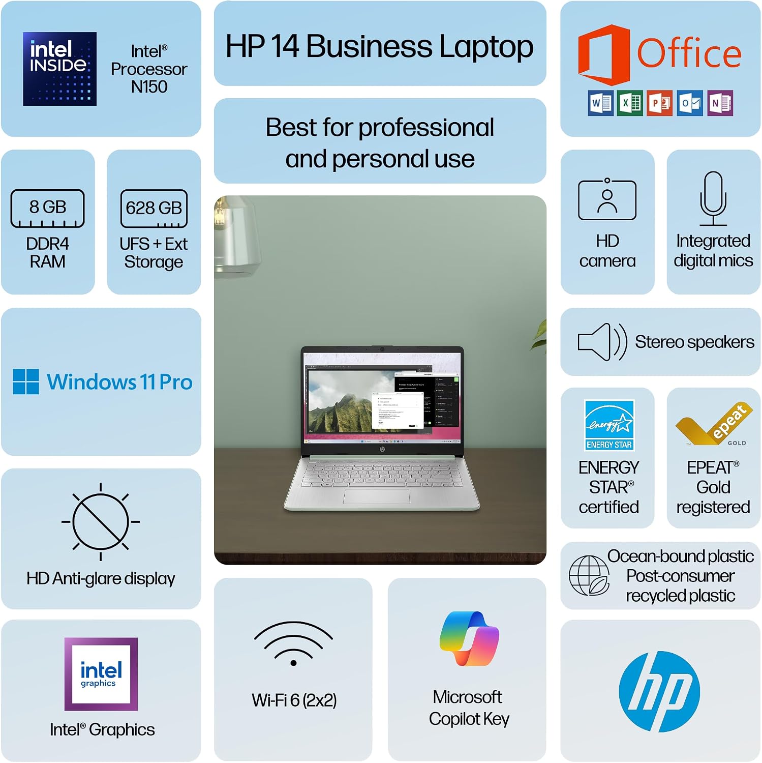 HP Ultrabook 14 Laptop Computer Business Study & Home 2025, Lifetime MS Office + Windows 11 Pro, Quad-Core Intel CPU, 8GB RAM & 628GB Storage (128GB UFS+500GB Ext), Wi-Fi 6, HubxcelAccessory, Geeen