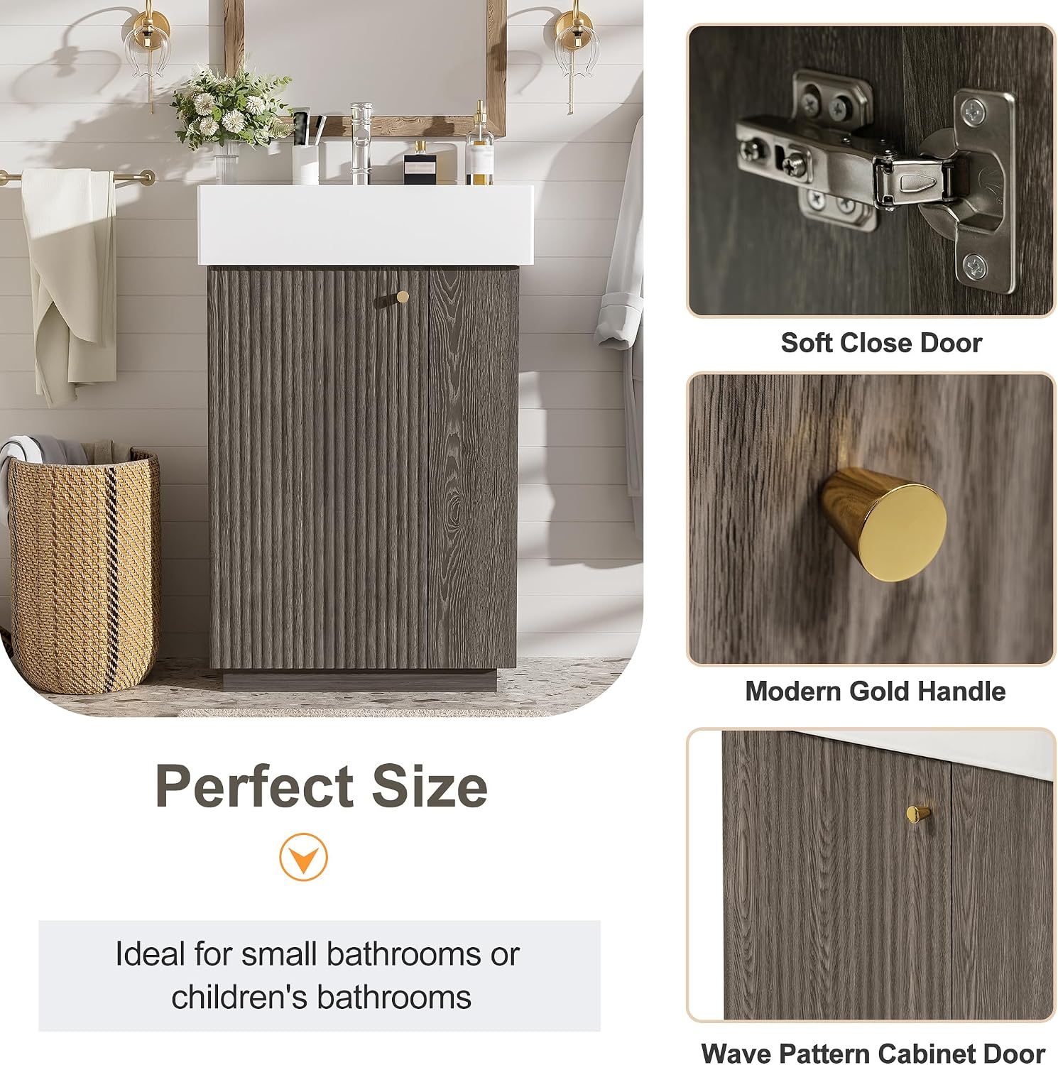 21.6-inch Bathroom Vanity with Reversible Sink, Free-Standing Single Storage Cabinet with One Left Door and Side Open Shelf, Vanity with Ceramic Basin for Bathroom (Dark Grey)