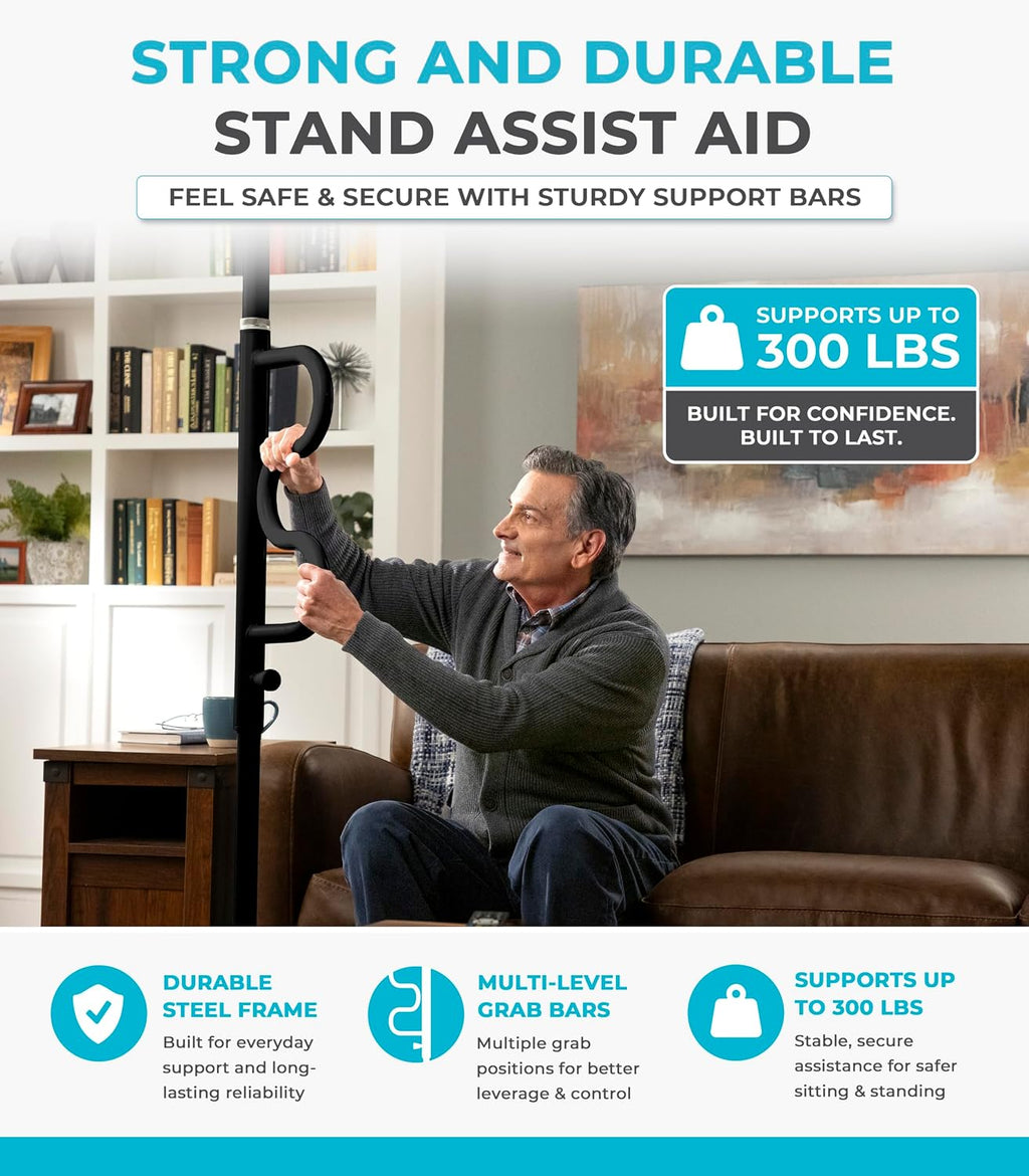 Stander Wonder Pole Plus with Rotating Double Grab Bar, Tension Mounted Security Pole for Seniors & Elderly Adults, No-Drill Floor to Ceiling Transfer Pole for Home & Bath Safety, Black