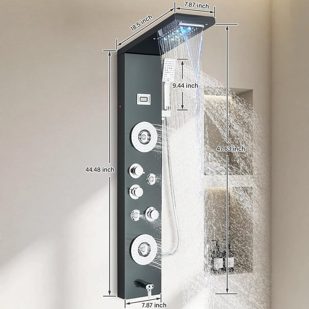 FUZ Shower Panel Tower System, Stainless Steel 6 Functions Shower Panel System with LED Fancy Rain Shower Head and Handheld, Adujstable Rain Massage Body Jets and Tub Spout, Matte Black Shower Tower