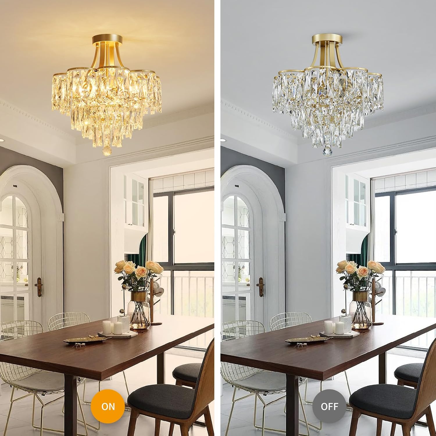 WUZUPS Crystal Chandelier Semi-Flushmount Ceiling Light Modern Lighting Fixture for Bedroom Hallway Entry Kitchen Bathroom, H 19.3' x W 18.3', E12 Base, Gold