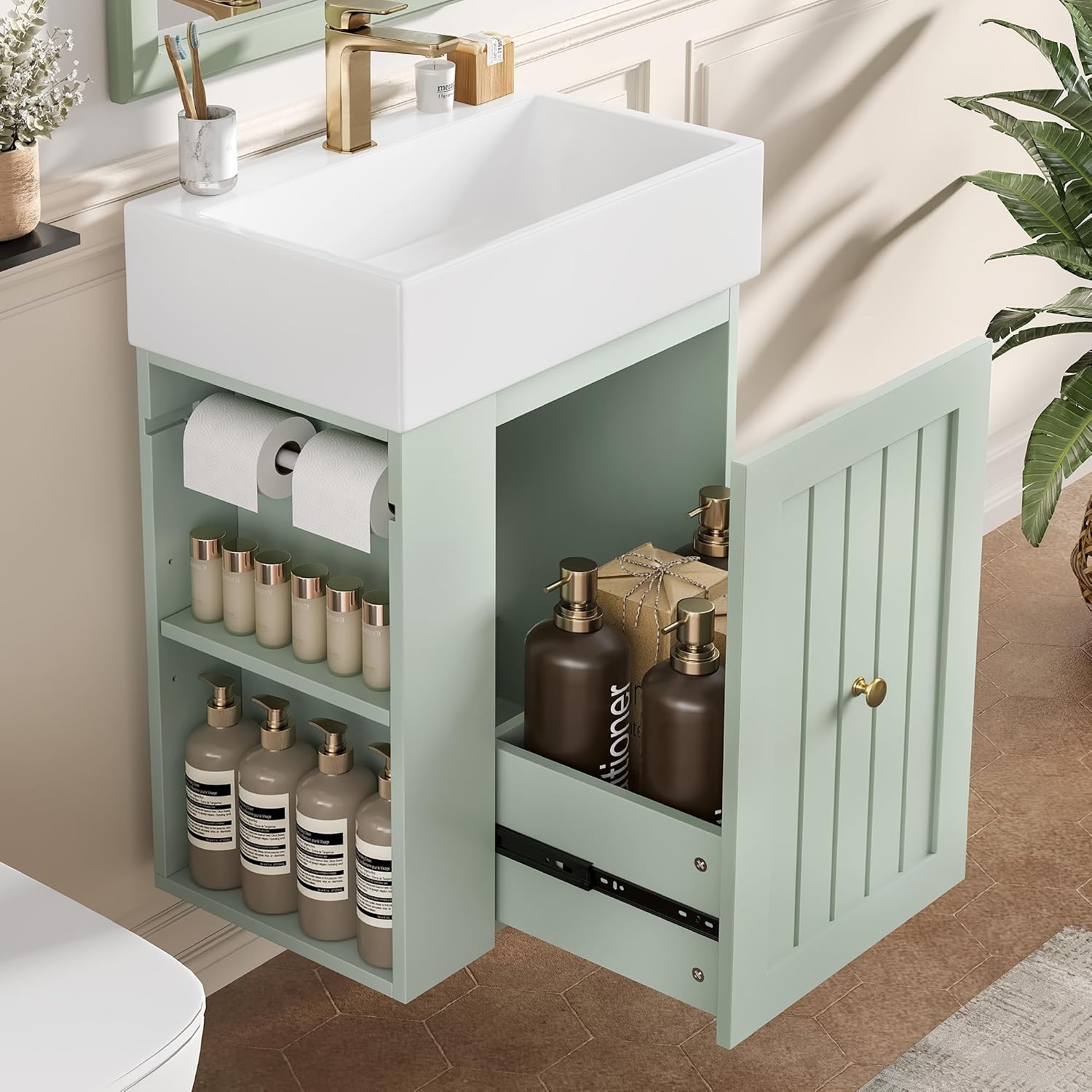 20-inch Bathroom Vanity with Sink Combo, Wall-Mounted Single Storage Cabinet with One Drawer& Left 2-Tier Storage Shelves, Wooden Vanity with Ceramic Basin for Bathroom, Green