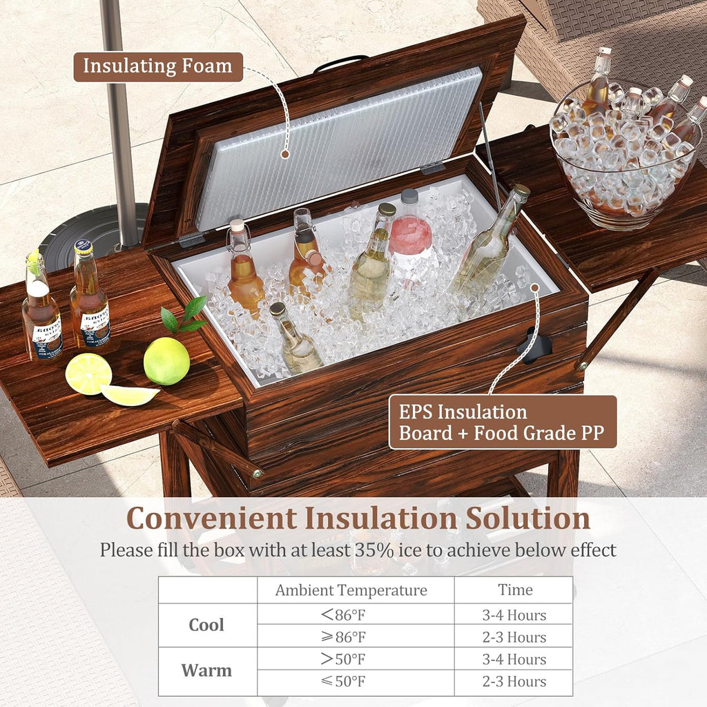 Moccha 54-Quart Rolling Cooler Cart - Wooden Rolling Ice Chest Cooler Cart w/ 2 Drop Leaf Tables, Bottle Opener, Pine Wood Outdoor Beverage Cooler, Patio Cooler on Wheels for Parties Yard Pool Deck