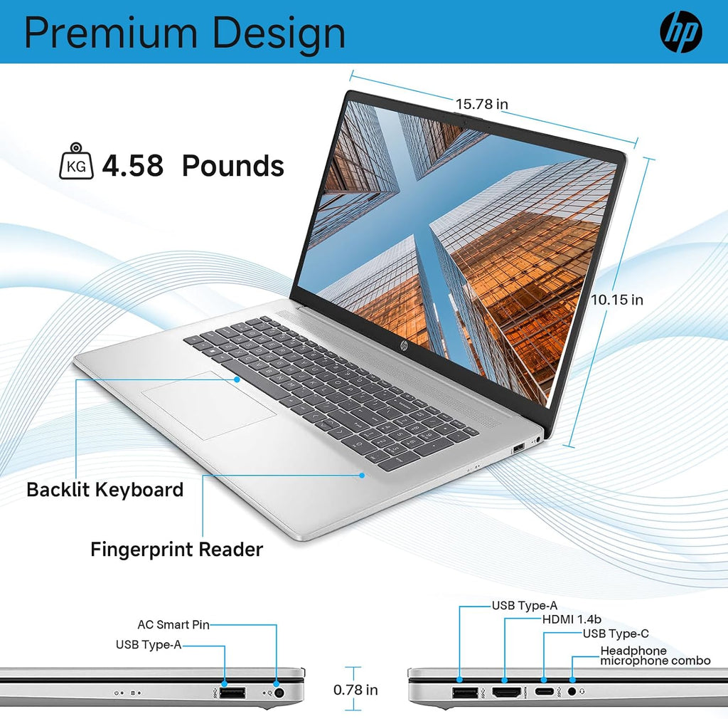 HP 17 Inch Laptop, 17.3' HD+ Display, Intel i5-1334U (10 Cores, Up to 4.6 GHz), 64 GB RAM, 2 TB SSD, Backlit Keyboard, Fingerprint Reader, Wi-Fi 6, HD Webcam, Windows 11 Pro for Business and Students