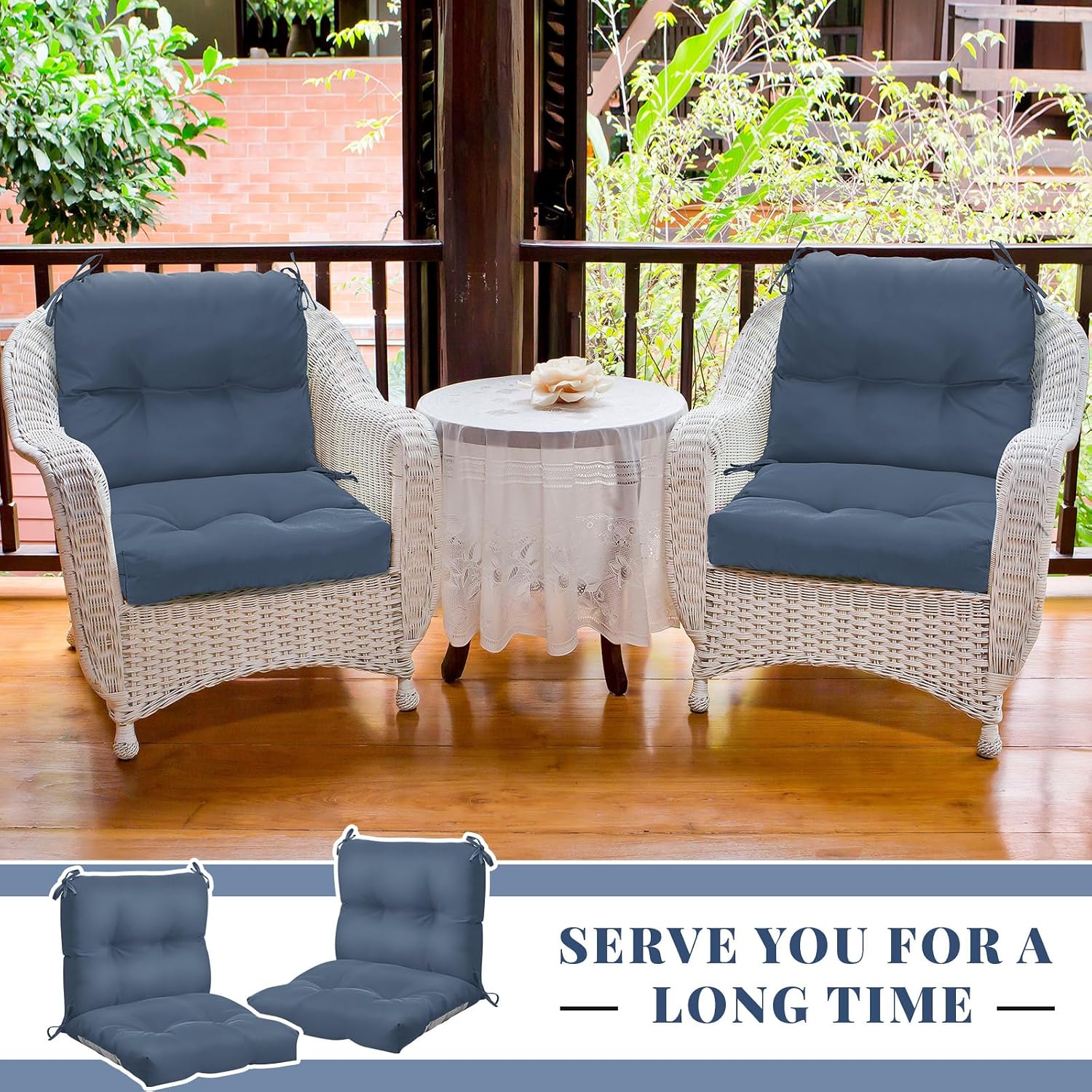 Geetery Outdoor Chair Cushions Set of 4 High Back Patio Furniture Replacement Seat Pads with Ties 42x21x4' for Lawn Porch Wicker Rocking Dining Chairs Weather Resistant Fade Resistant(Blue Gray)