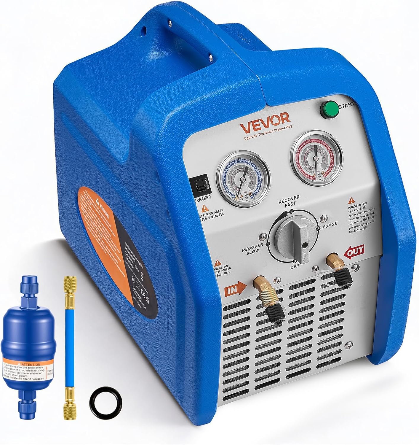 VEVOR Portable Refrigerant Recovery Machine, 1 HP 120V 60Hz Dual Cylinder AC Recovery Machine for Liquid Vapor Refrigerant, 1750 RPM Recycling Unit HVAC for Automotive & Household Air Conditioning