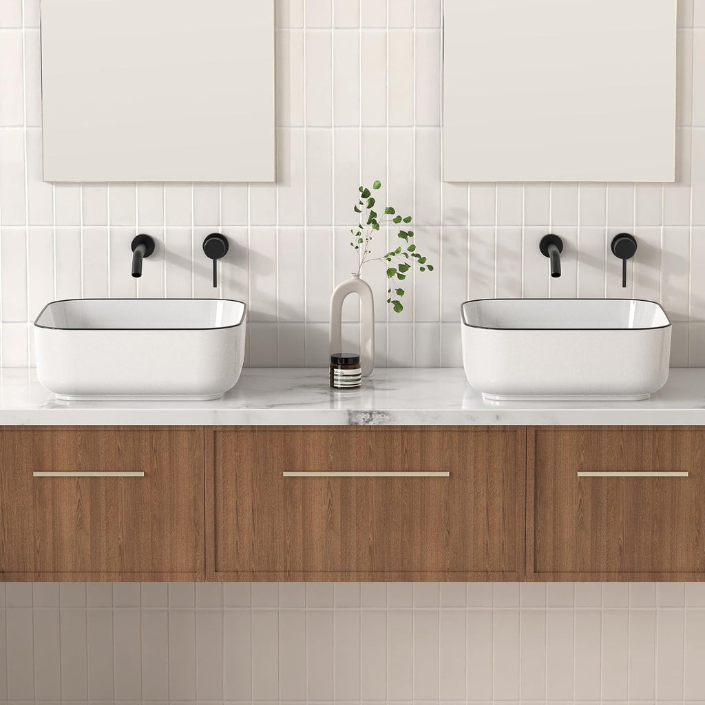 Countertop Bathroom Vessel Sink Black Trim Design 15 Inch Square, White Vessel Sink for Bathroom, Modern Ceramic Above Counter Bathroom Vanity Sink, Porcelain, CBS136