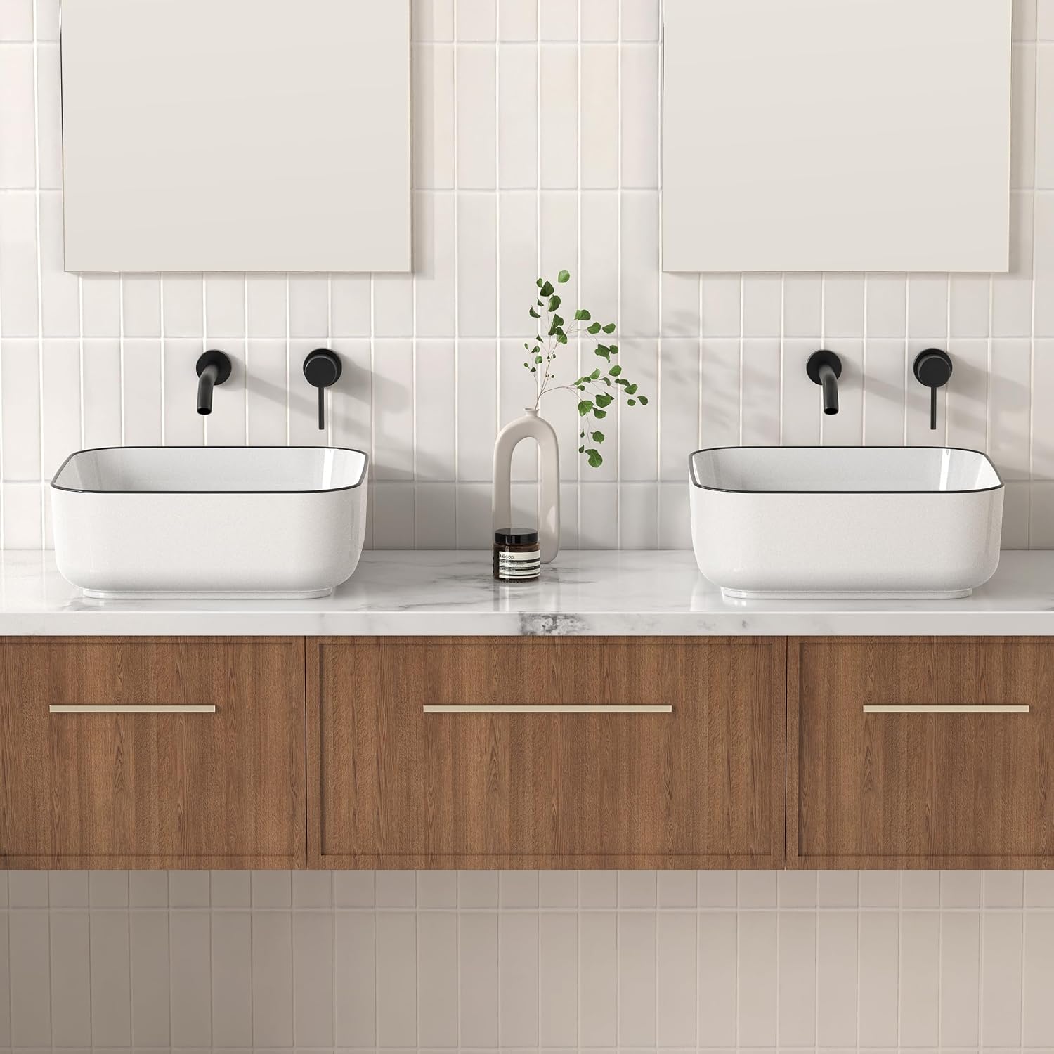Countertop Bathroom Vessel Sink Black Trim Design 15 Inch Square, White Vessel Sink for Bathroom, Modern Ceramic Above Counter Bathroom Vanity Sink, Porcelain, CBS136