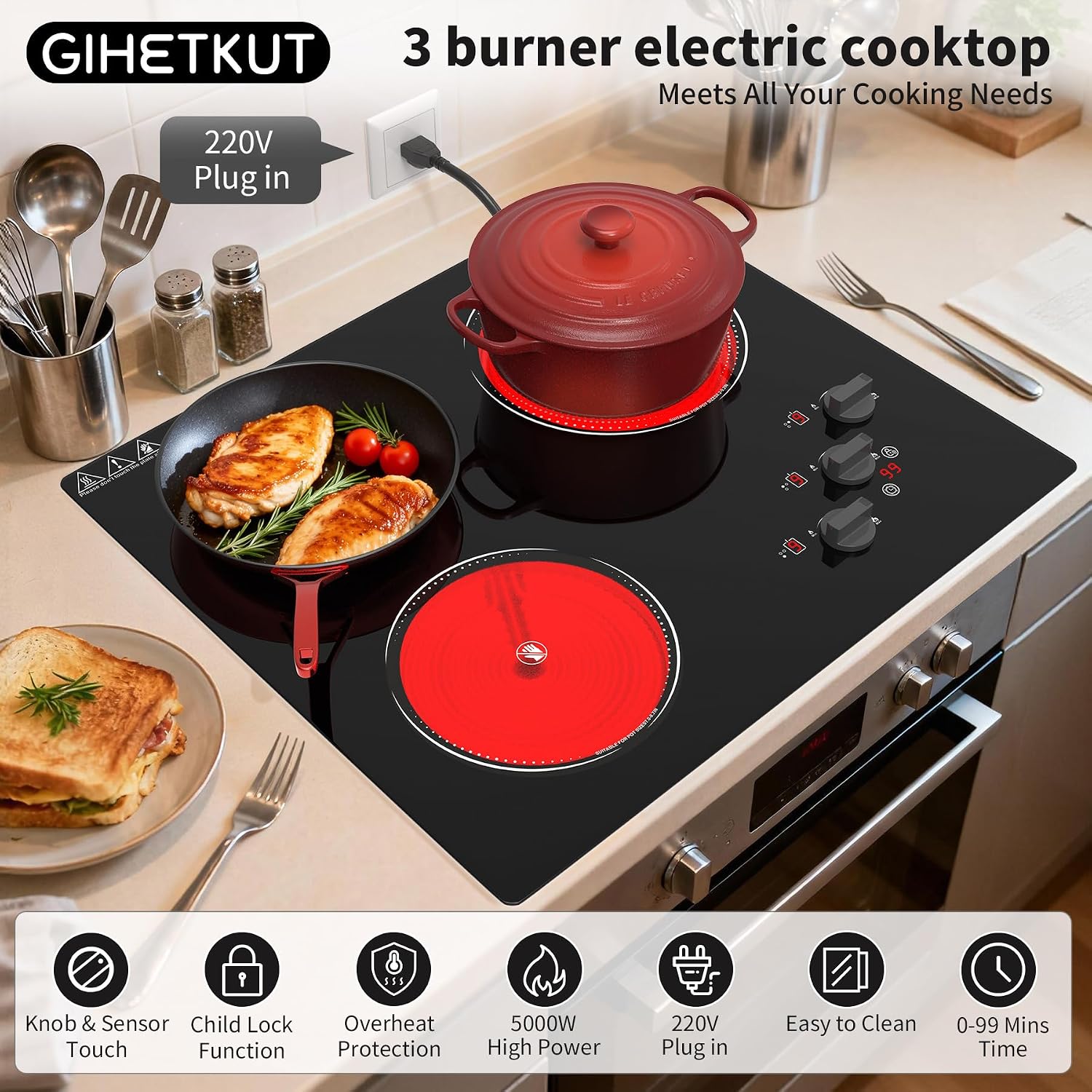 GIHETKUT Electric Cooktop, 220V 5000W Stove Top, 9 Power Levels, Kids Lock & Timer, Hot Surface Indicator, Overheat Protection,knob and touch control 3 Burner Electric cooktop