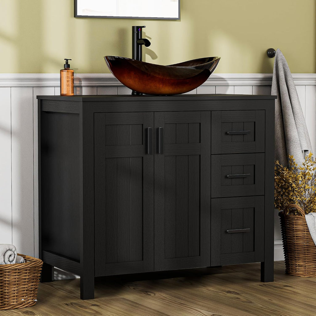 UEV 36' Bathroom Vanity with Sink Combo,Modern Freestanding Sink Cabinet with 3 Drawers,Stylish Bathroom Vanity Cabinet,Grooved Door,Metal Handles,Vessel Sink (Bronze Boat, 36' Black)