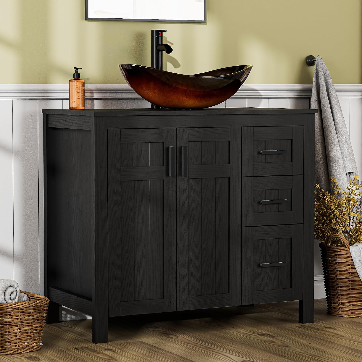 UEV 36' Bathroom Vanity with Sink Combo,Modern Freestanding Sink Cabinet with 3 Drawers,Stylish Bathroom Vanity Cabinet,Grooved Door,Metal Handles,Vessel Sink (Bronze Boat, 36' Black)