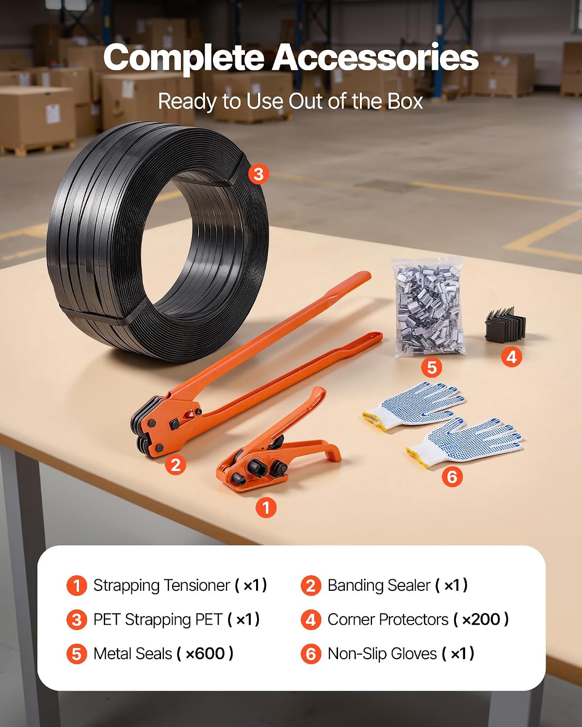 VEVOR Banding Strapping Kit, Heavy Duty Banding Sealer Tool with 2000 ft PET Band, 600 Metal Seals, 200 Corner Protectors, Plastic Pallet Packaging Strapping Kit for Warehouse, Transportation, Home