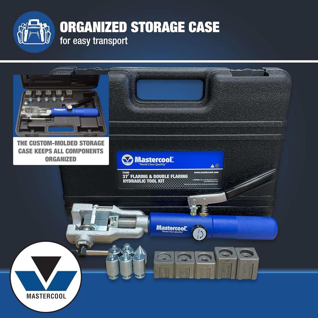 Mastercool 72480 Hydraulic an Flaring Tool Kit – 37° & 37° Double Flares for an Fittings, Aviation & Specialty Automotive – Works with Steel & Light Stainless Tubing – Includes Hydraulic Ram & Dies