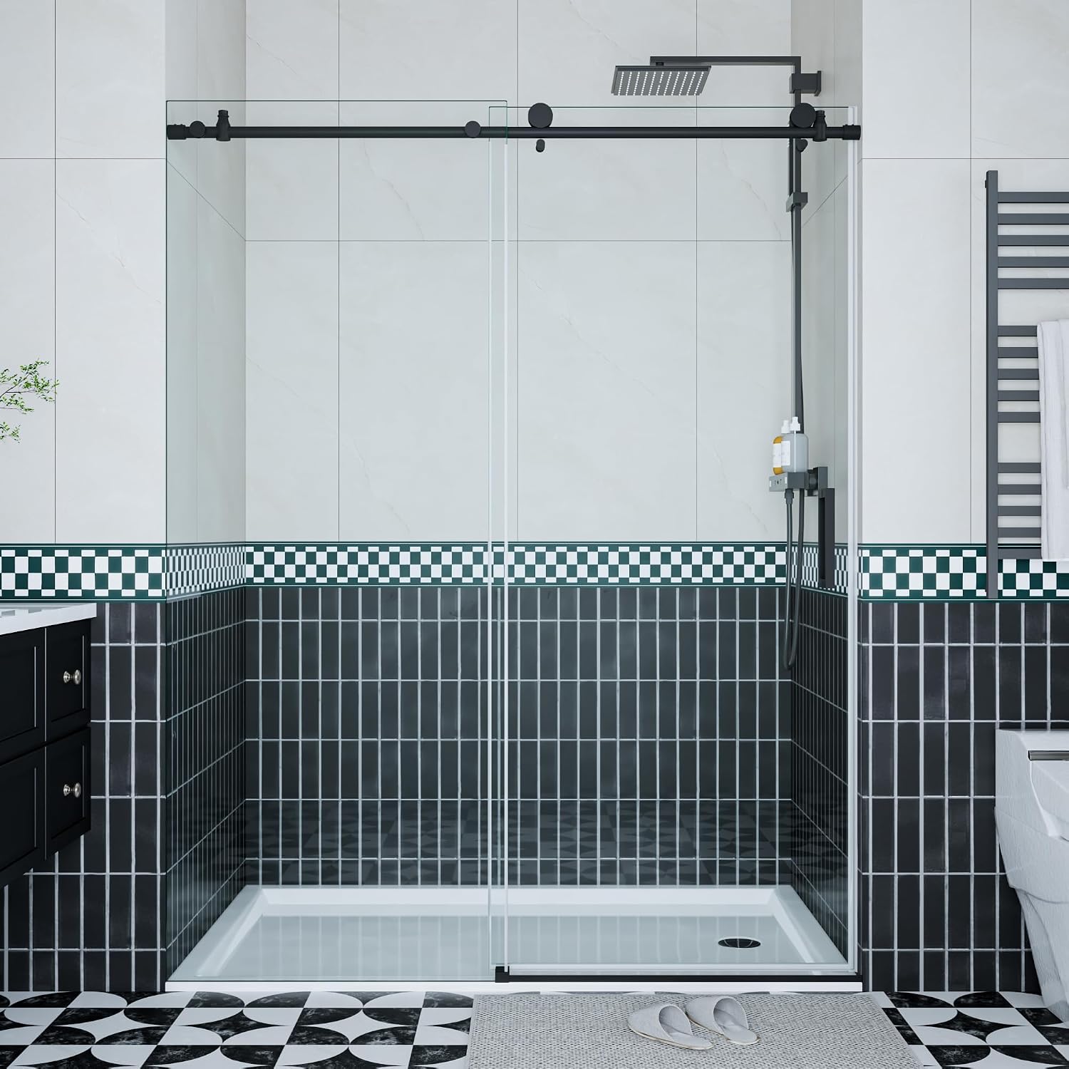 Frameless Shower Door 44–48 inch W× 76 inch H, Sliding Shower Door with Fixed Panel, Round Stainless Steel Track,6mm Tempered Glass, Matte Black, Stainless Steel Shower Door for Bathroom Renovation