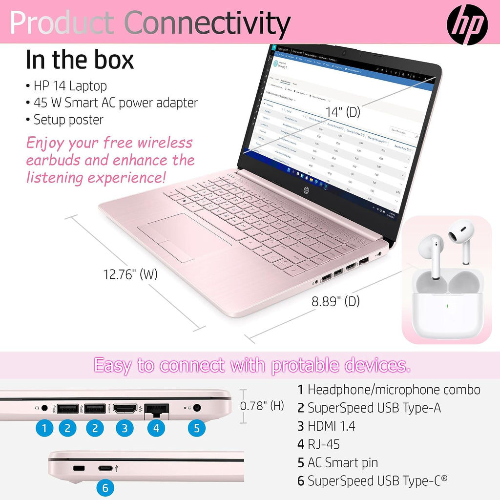 HP Ultralight 14 inch Laptop with Intel 4-Core Processor • with Microsoft 365 and Wireless Earbuds • 16GB RAM • 64GB SSD • HD Display • Pink • Windows 11