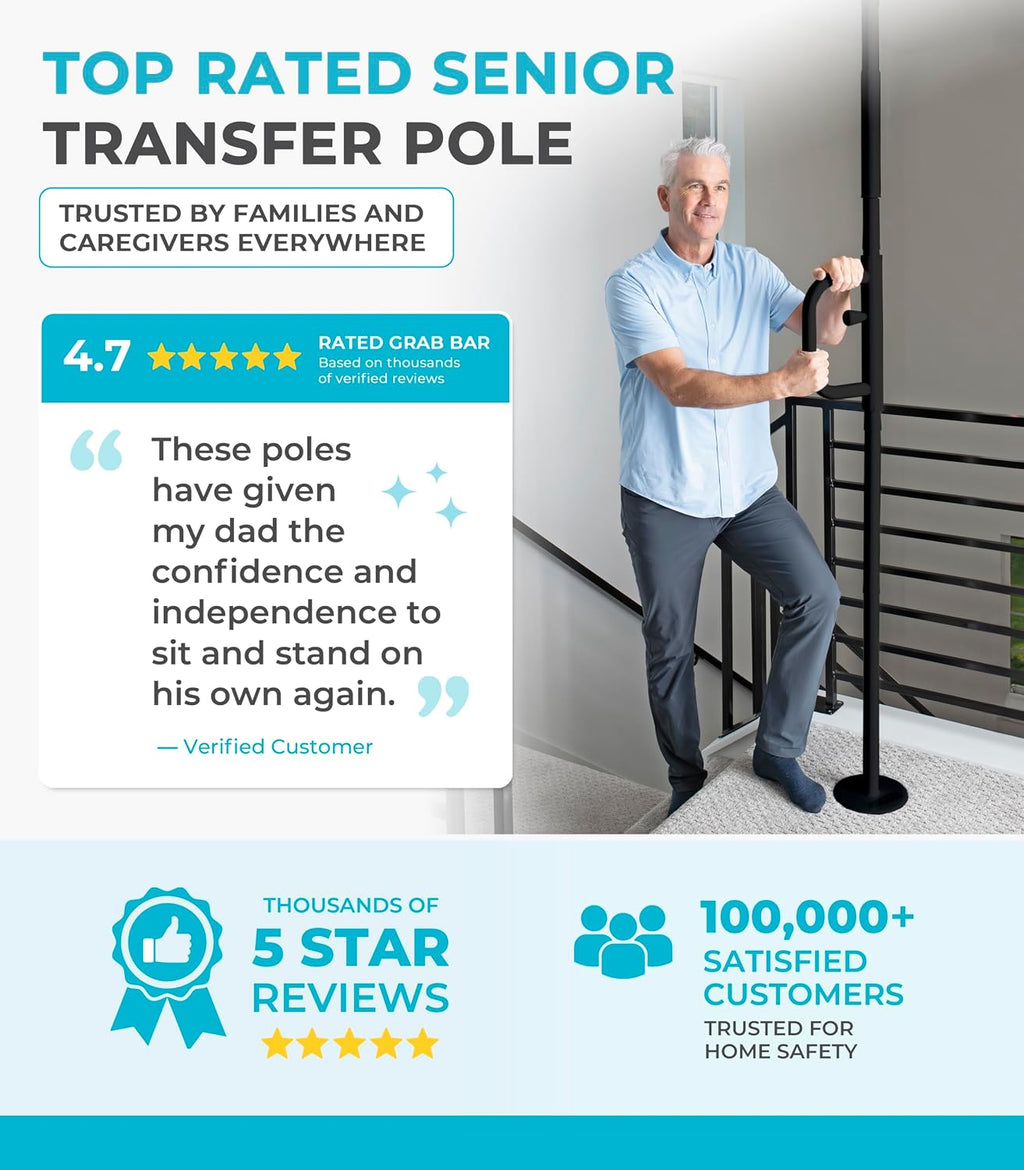 Stander Security Pole and Curve Grab Bar, Elderly Tension Mounted Floor to Ceiling Transfer Pole, Bathroom Safety Assist and Stability Rail, Metallic Black