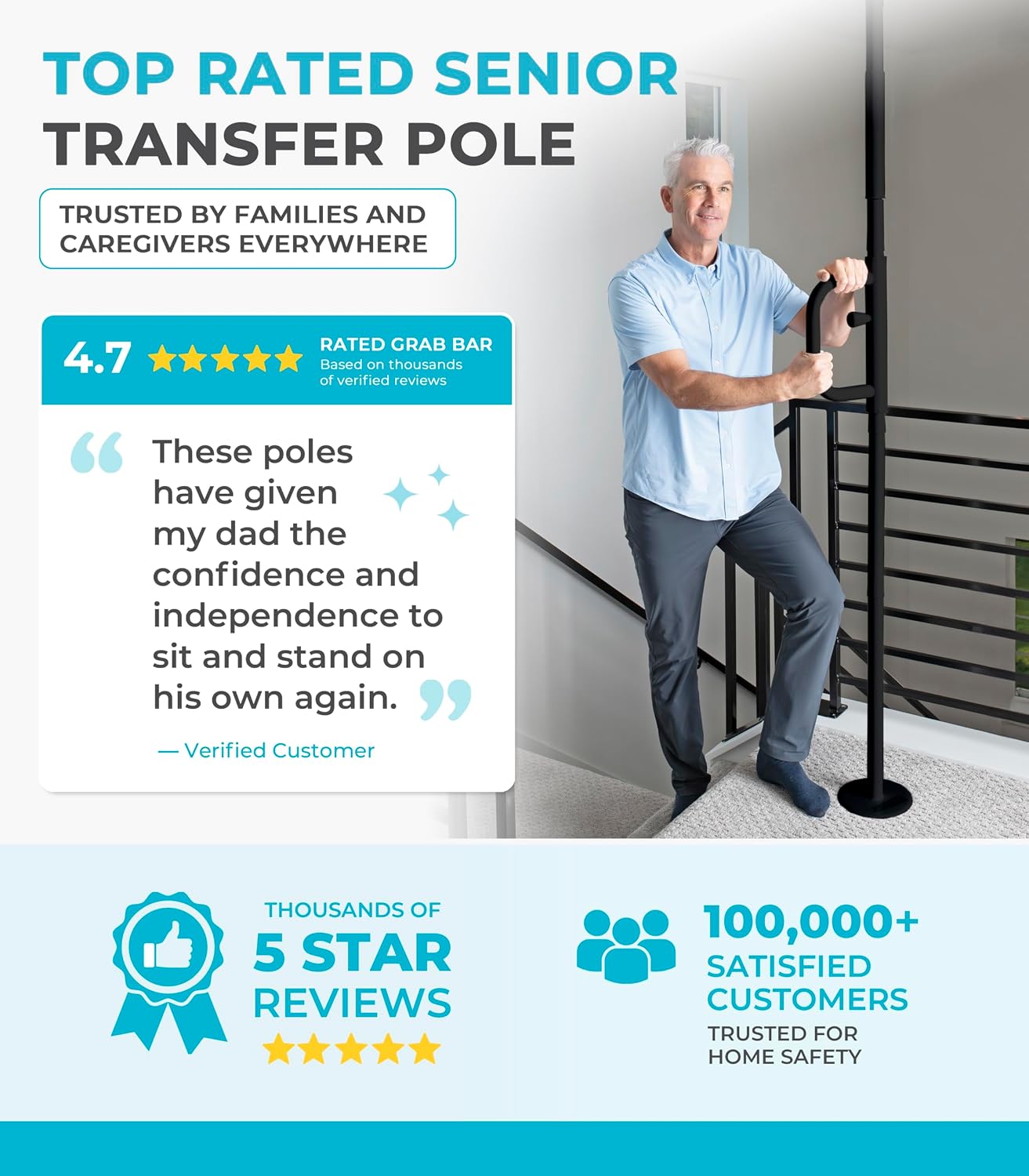 Stander Security Pole and Curve Grab Bar, Elderly Tension Mounted Floor to Ceiling Transfer Pole, Bathroom Safety Assist and Stability Rail, Metallic Black