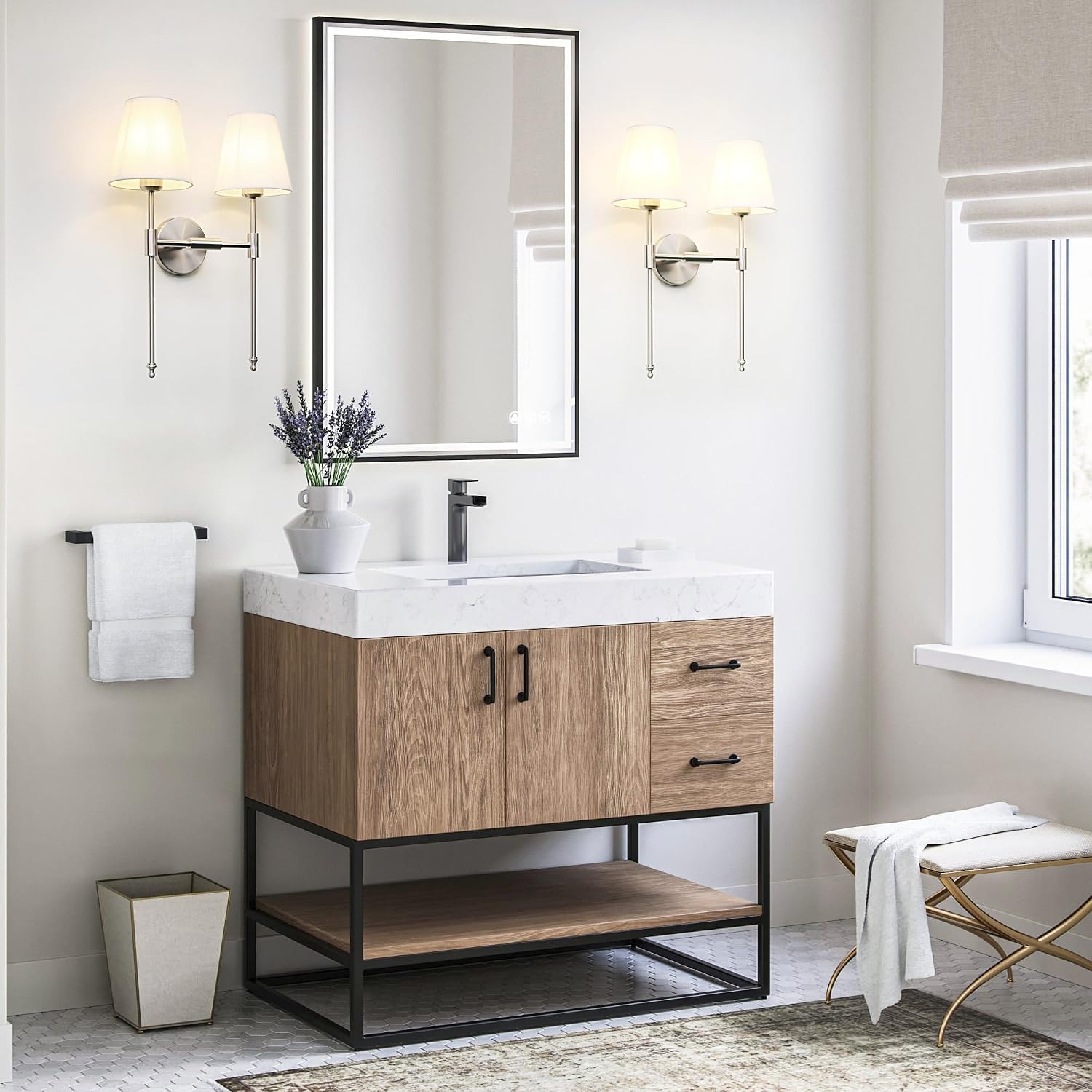 PERMO Industrial Double Sconce Large 2-Lights Wall Sconce with Flared White Textile Lampshade and Brushed Nickel Finished Long Arm for Bathroom Bedroom, Hardwired Wall Sconces