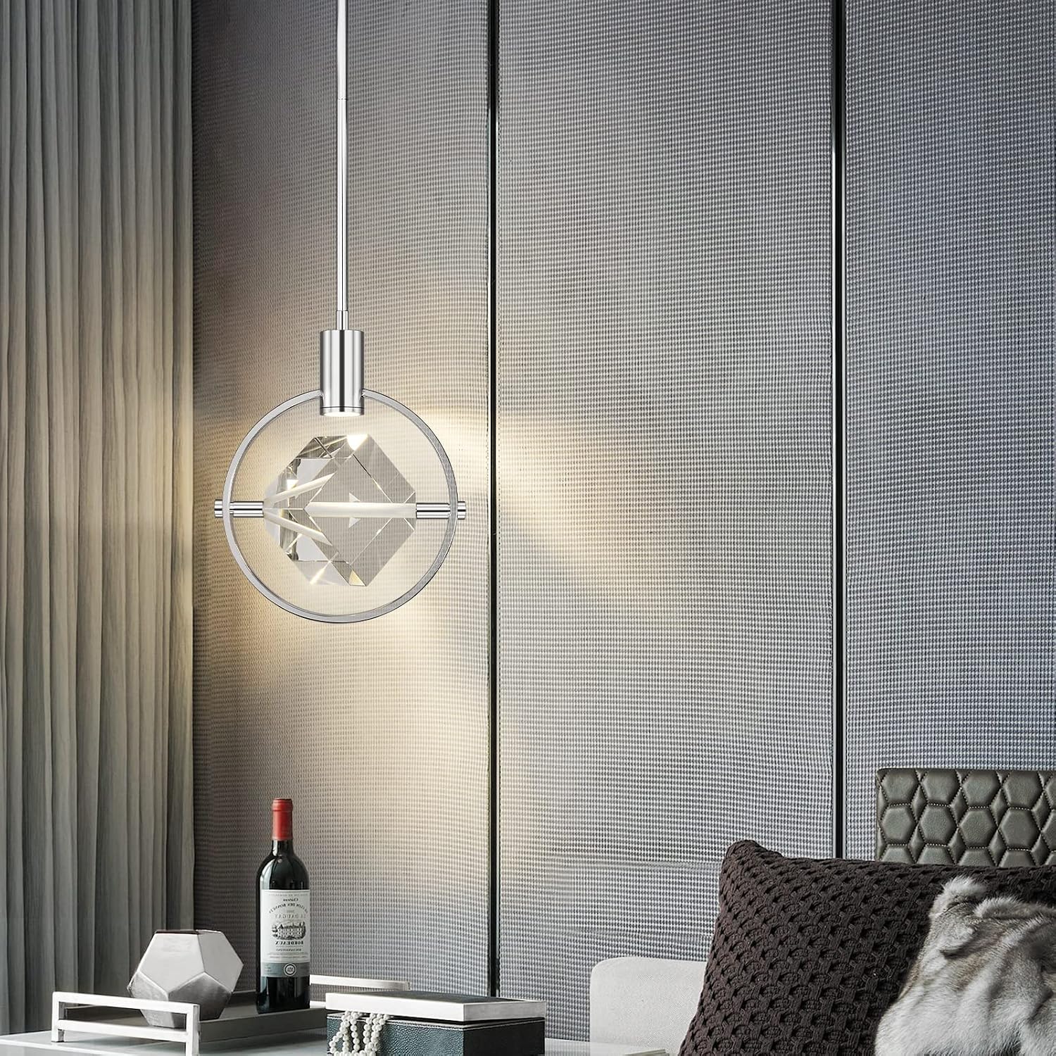 Modern Crystal Pendant Light in Chrome Mini Dimmable Integrated LED Light Fixtures Metal Rod Ceiling Chrome Chandelier for Kitchen Island Bedroom Dining Room Bar(1-Lights)